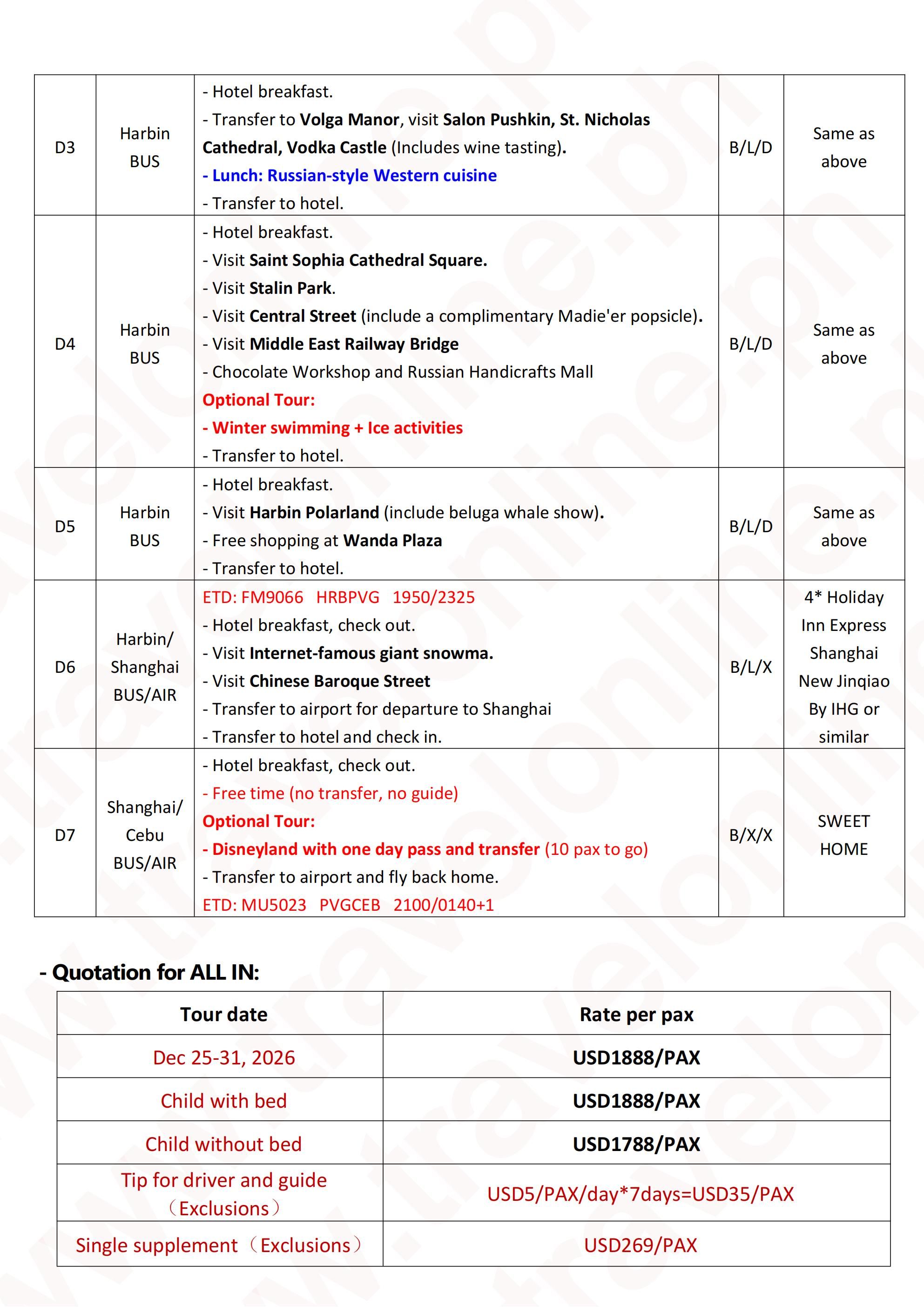 CHINA HARBIN SHANGHAI 7 DAYS 6 NIGHTS ALL IN JOINER GROUP TOUR PACKAGE FROM CEBU PHILIPPINES - AS LOW AS: $1888/PAX - TRAVELONLINE itinerary