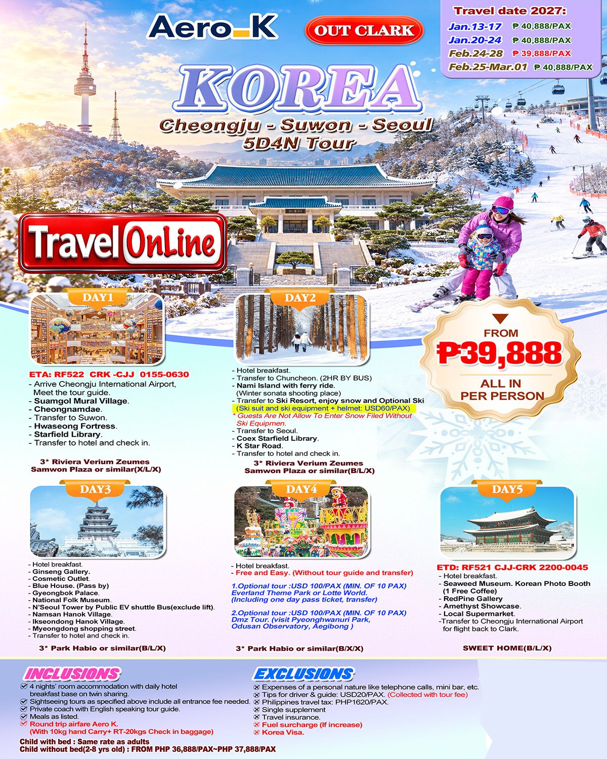 Cheongju Suwon Seoul 5Days 4Nights Winter, 2027 Korea(via CLARK) : AS LOW AS ₱39888/PAX promo image