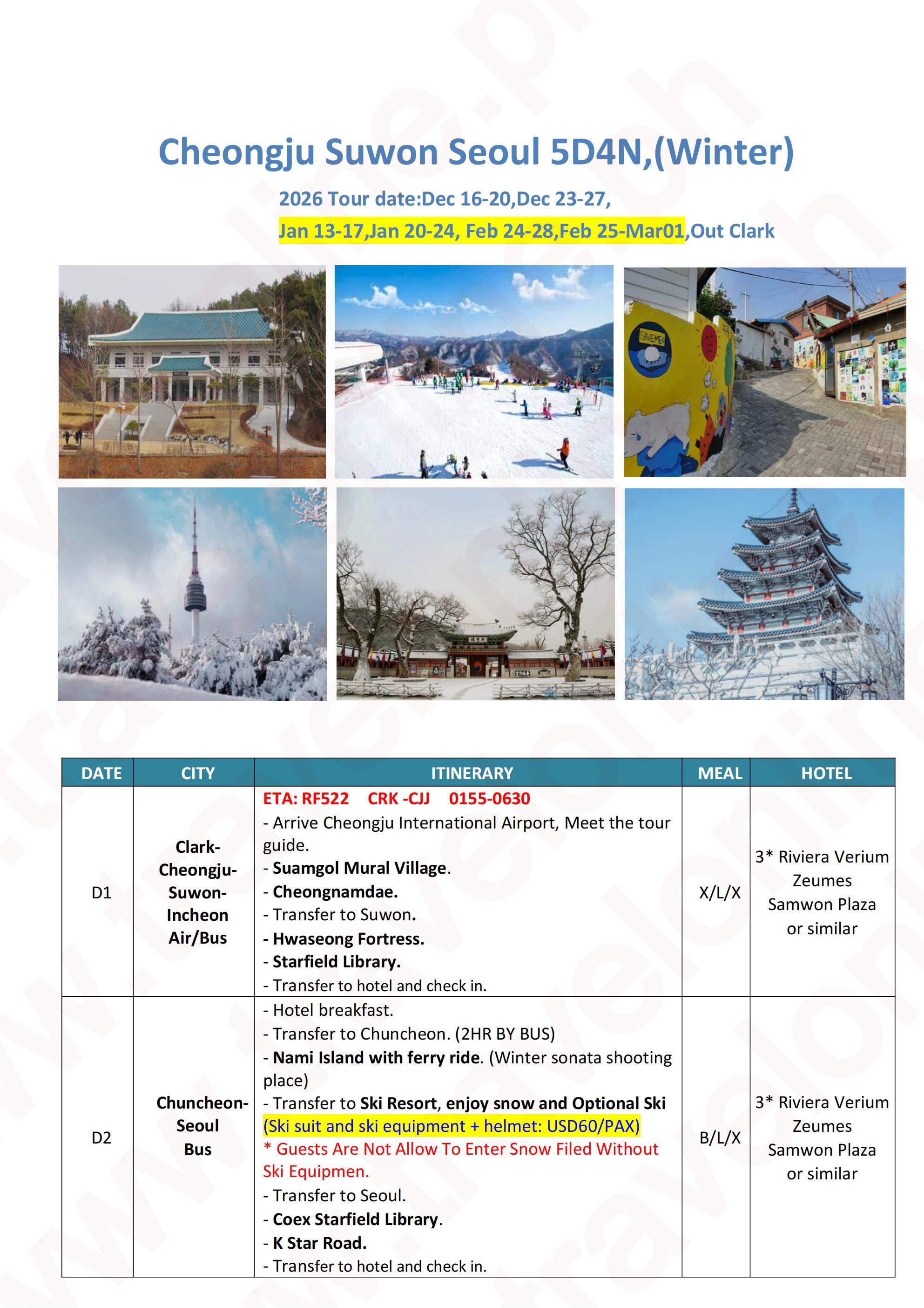 Cheongju Suwon Seoul 5Days 4Nights Winter, 2027 Korea(via CLARK) : AS LOW AS ₱39888/PAX itinerary