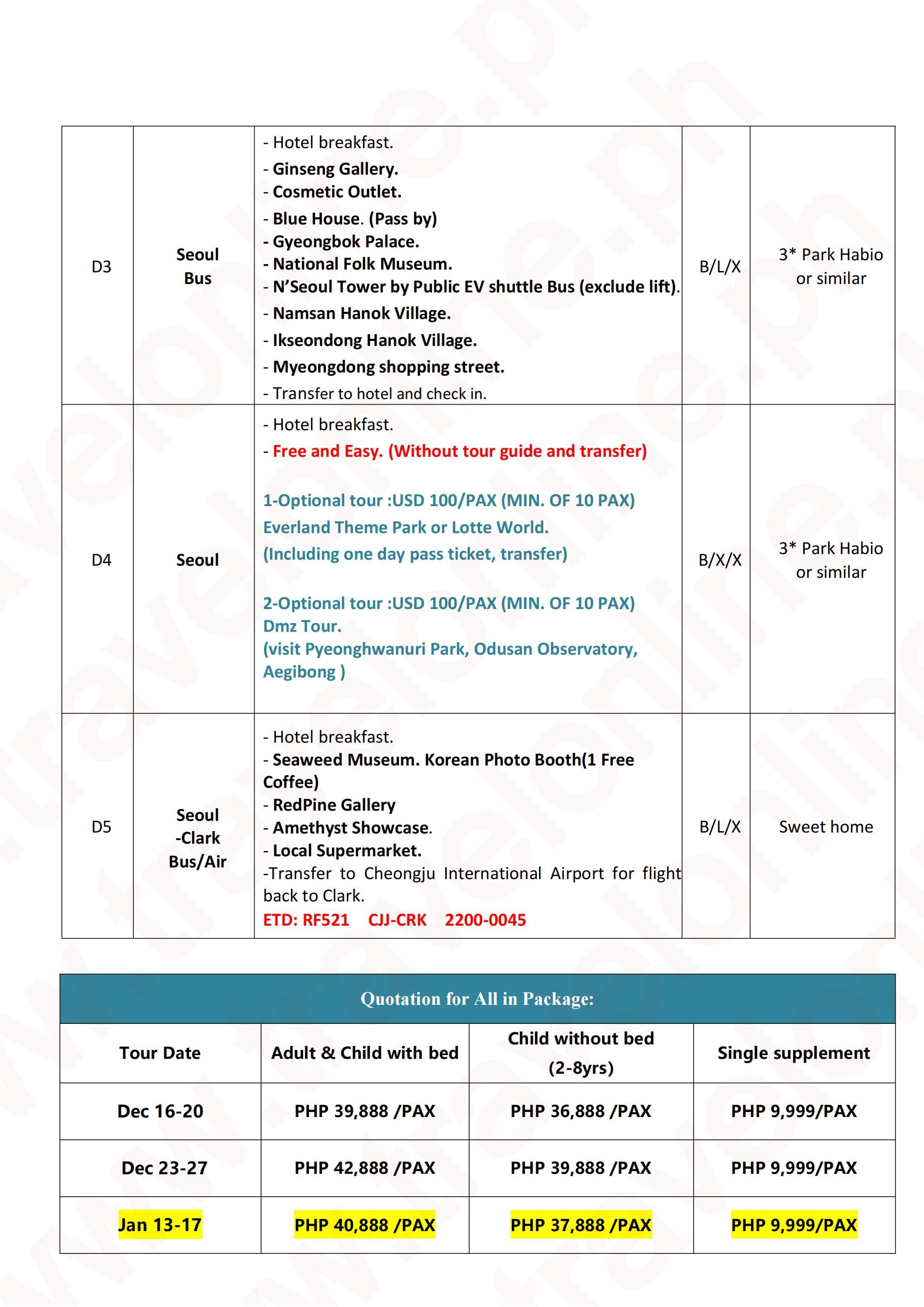 Cheongju Suwon Seoul 5Days 4Nights Winter, 2027 Korea(via CLARK) : AS LOW AS ₱39888/PAX itinerary