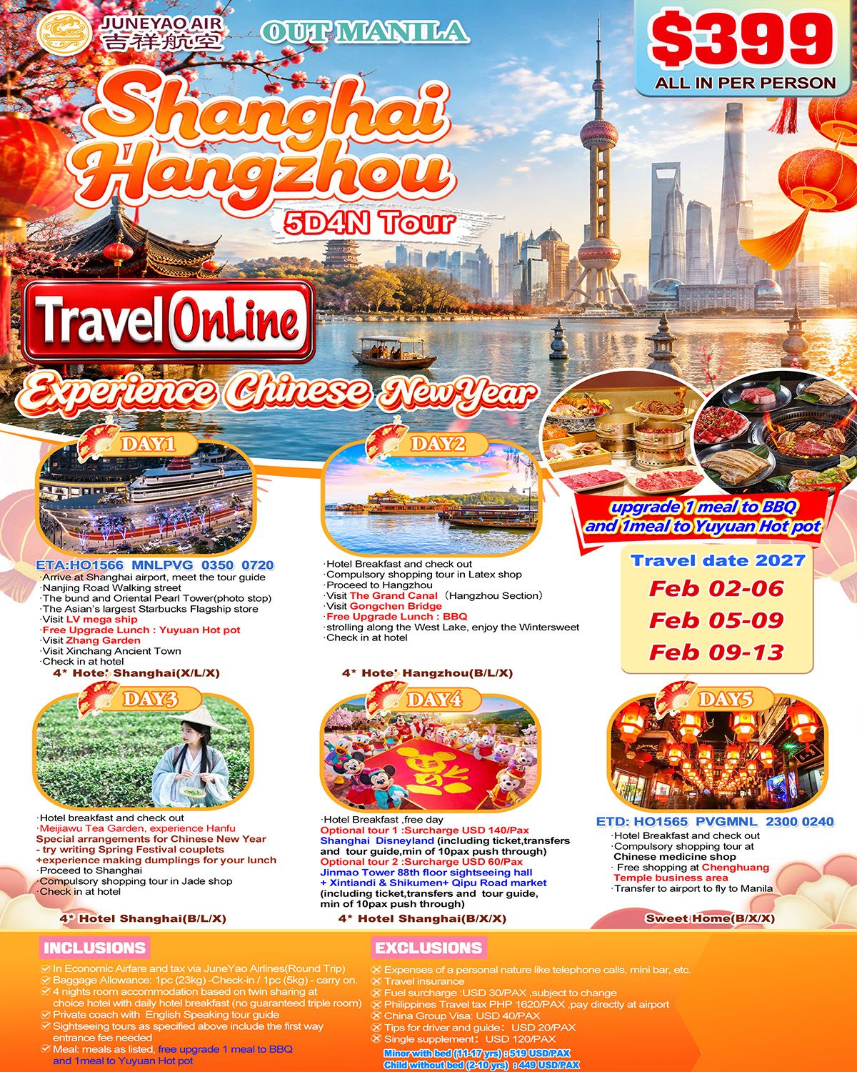 SHANGHAI HANGZHOU CHINESE NEW YEAR SPRING FESTIVAL 5 DAYS 4 NIGHTS TOUR PACKAGE FROM MANILA PHILIPPINES: AS LOW AS $399/PAX promo image