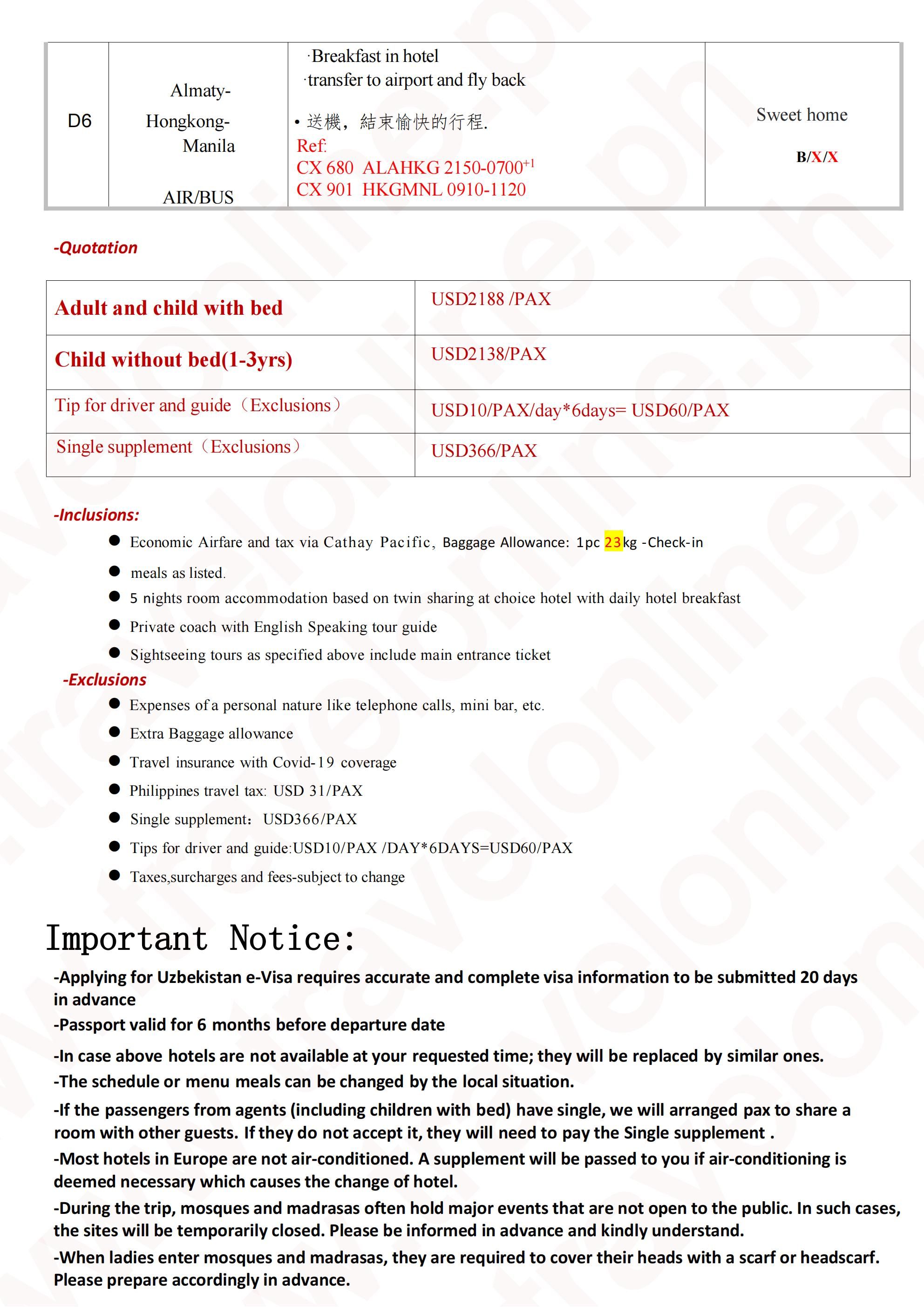 Central Asia 6D5N TOUR OUT MANILA : AS LOW AS  $2188/PAX itinerary