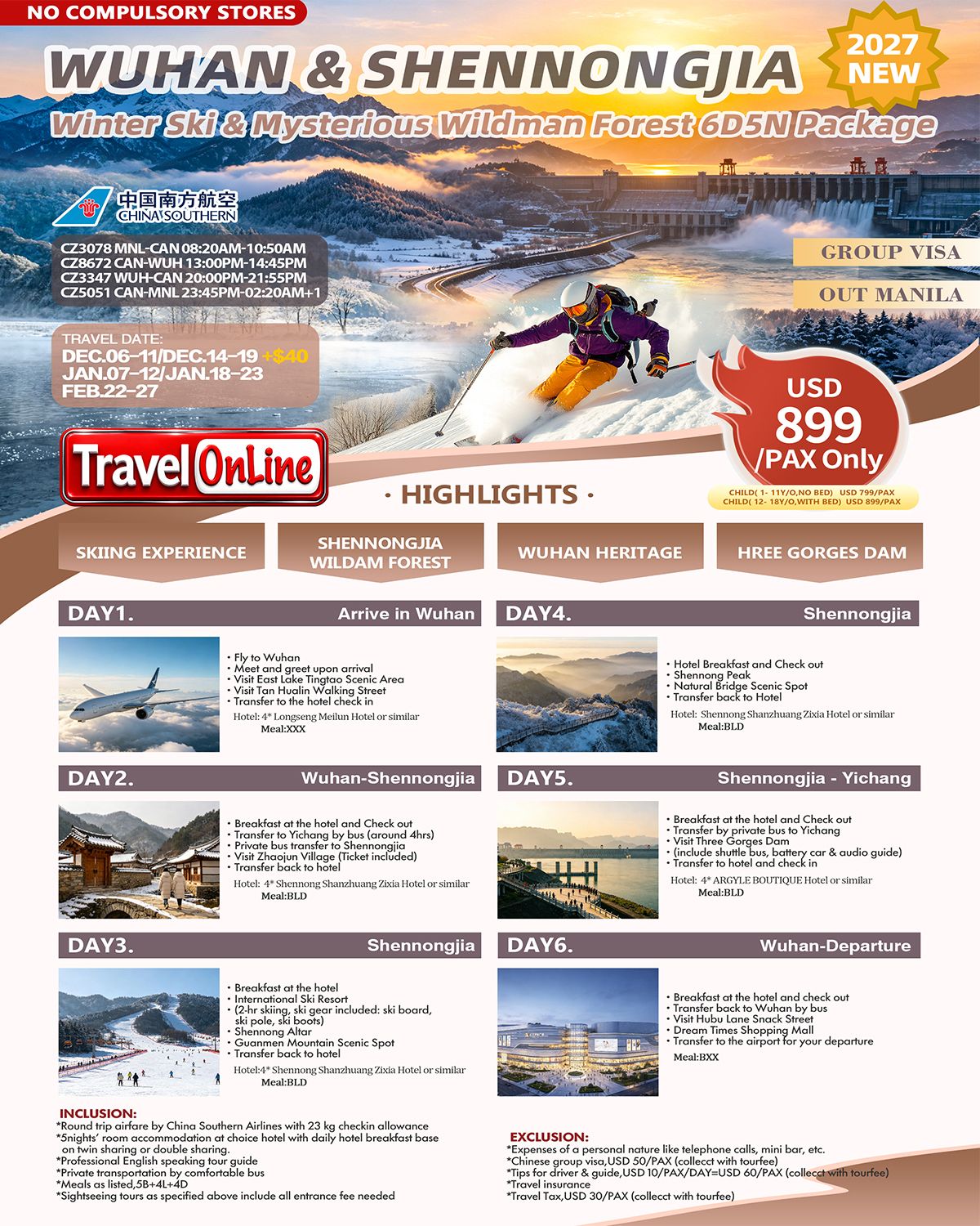 WUHAN SHENNONGJIA WINTER SKI MYSTERIOUS WILDMAN FOREST CHINA 6 DAYS 5 NIGHTS ALL IN JOINER GROUP TOUR PACKAGE FROM MANILA PHILIPPINES - AS LOW AS: $899/PAX - TRAVELONLINE promo image