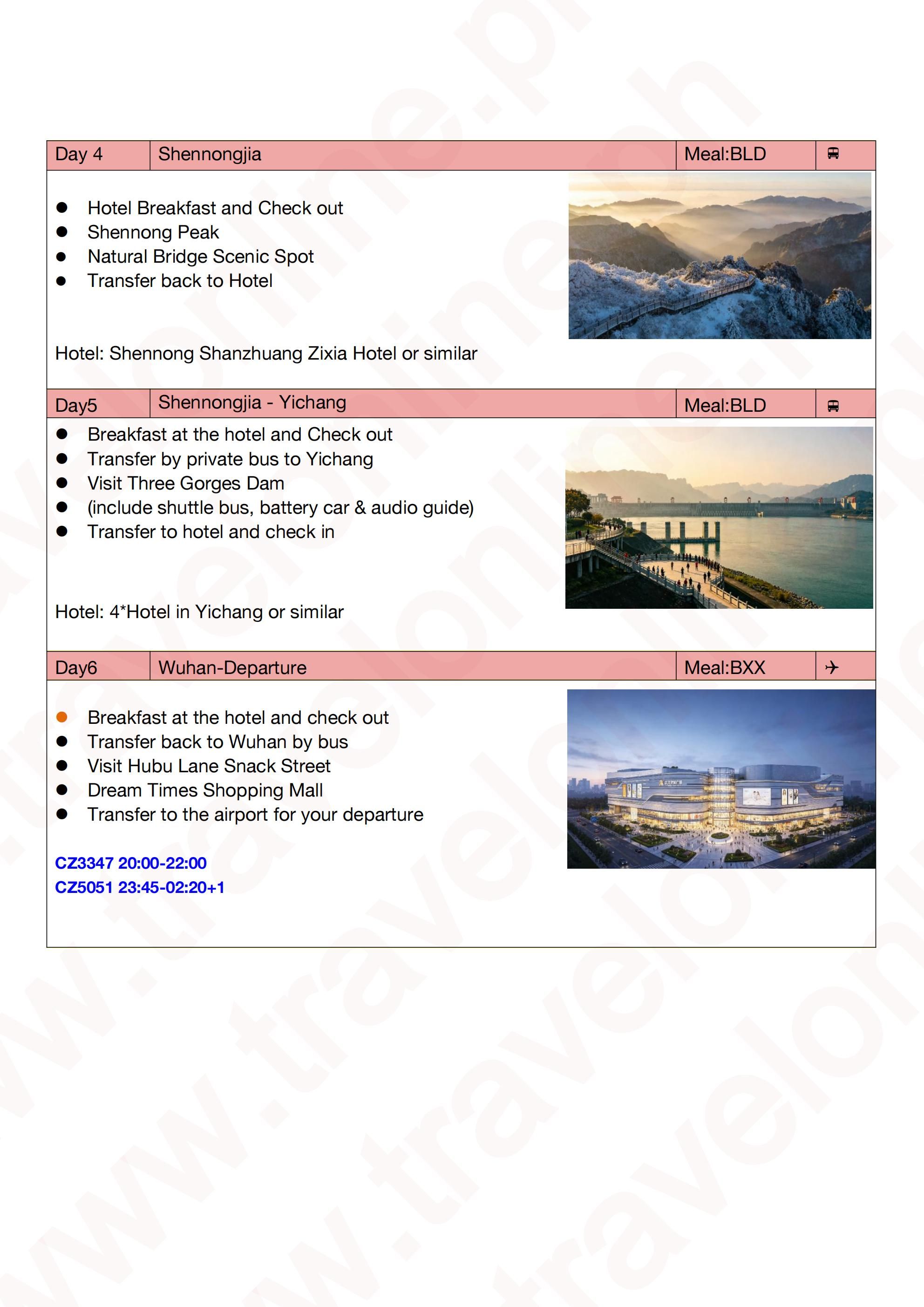 WUHAN SHENNONGJIA WINTER SKI MYSTERIOUS WILDMAN FOREST CHINA 6 DAYS 5 NIGHTS ALL IN JOINER GROUP TOUR PACKAGE FROM MANILA PHILIPPINES - AS LOW AS: $899/PAX - TRAVELONLINE itinerary