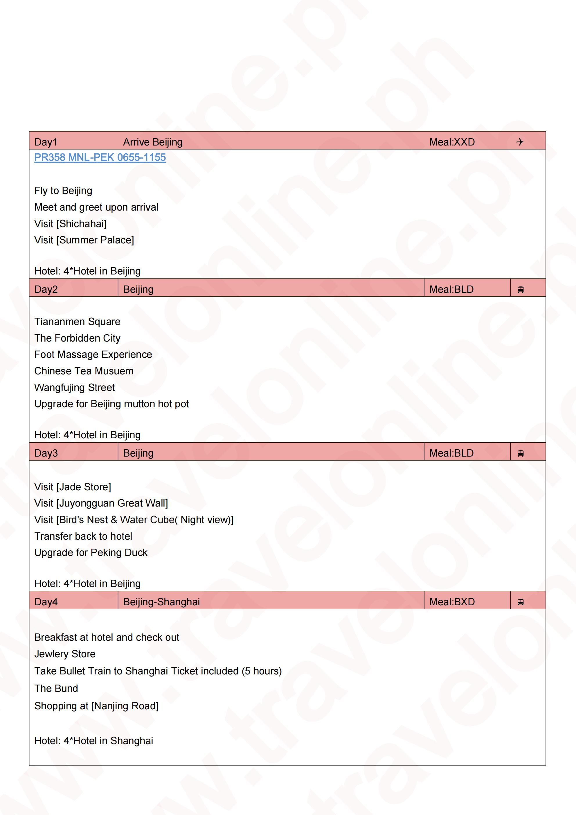 CHINA BEIJING SHANGHAI TWIN CITY LUXURY 6 DAYS 5 NIGHTS ALL IN JOINER GROUP TOUR PACKAGE FROM MANILA PHILIPPINES - AS LOW AS: $699/PAX - TRAVELONLINE itinerary