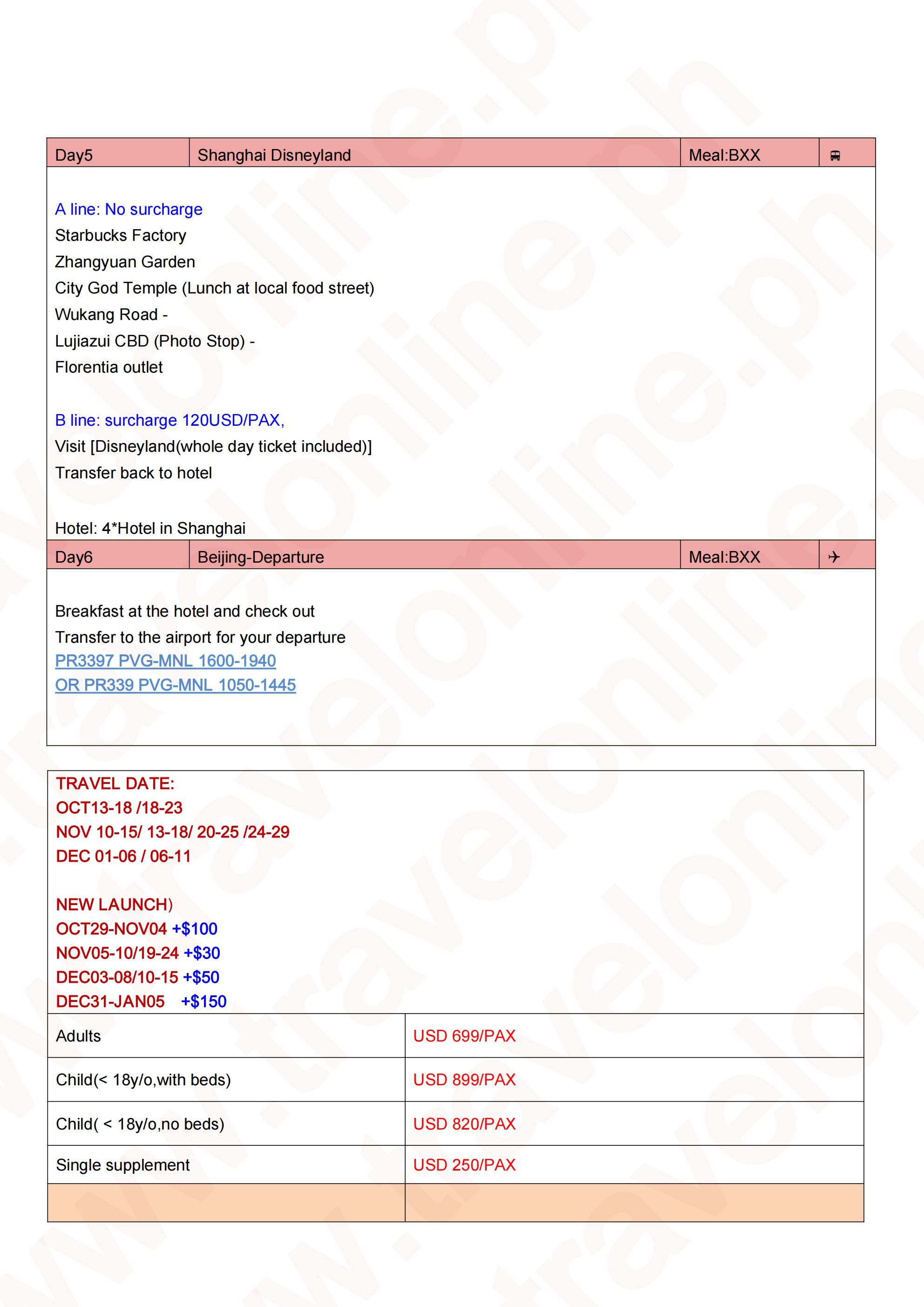 CHINA BEIJING SHANGHAI TWIN CITY LUXURY 6 DAYS 5 NIGHTS ALL IN JOINER GROUP TOUR PACKAGE FROM MANILA PHILIPPINES - AS LOW AS: $699/PAX - TRAVELONLINE itinerary