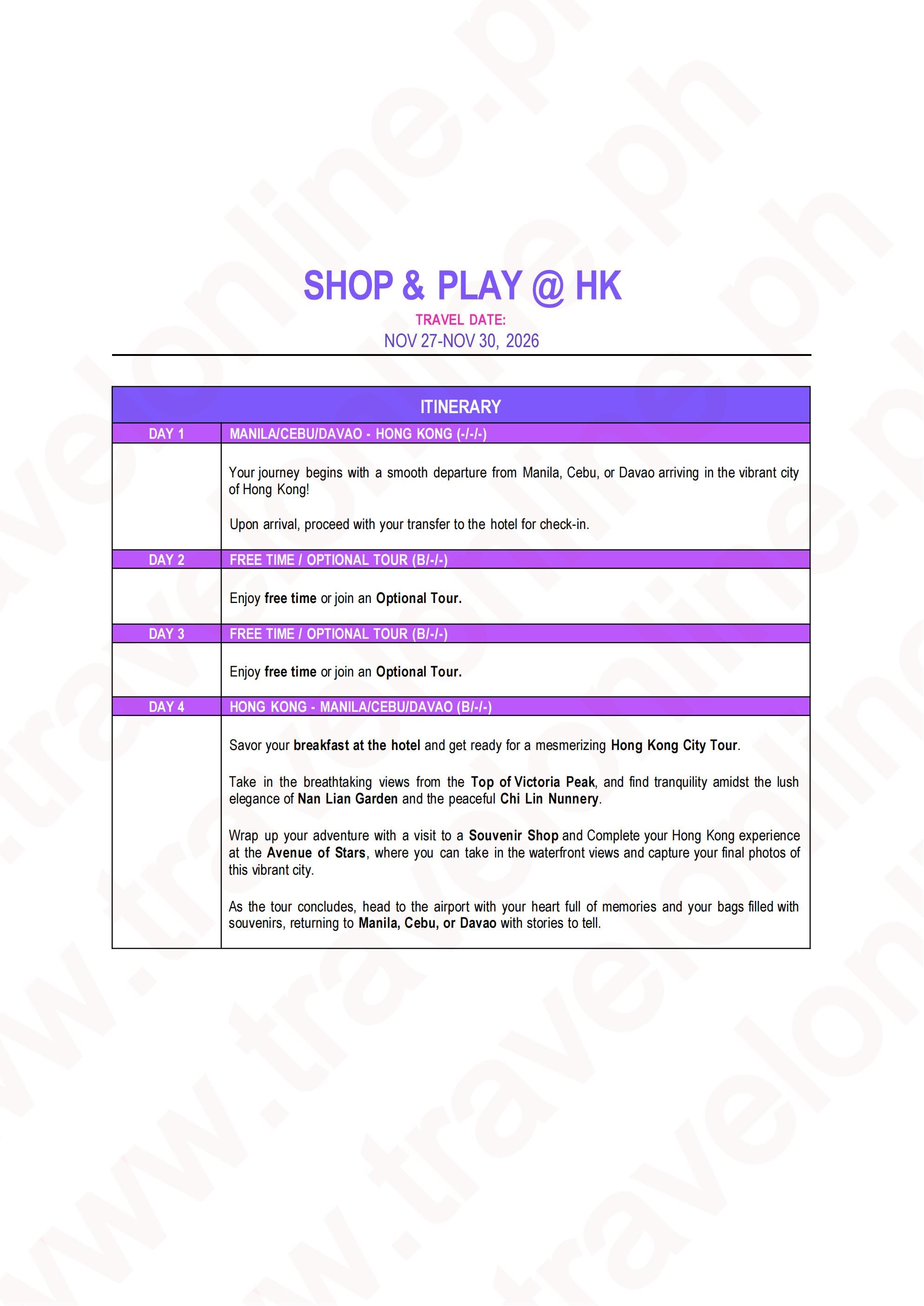 SHOP AND PLAY HONG KONG 4D3N JOINER GROUP TOUR FROM MANILA DAVAO CEBU PHILIPPINES AS LOW AS: ₱29888/PAX - TRAVELONLINE itinerary