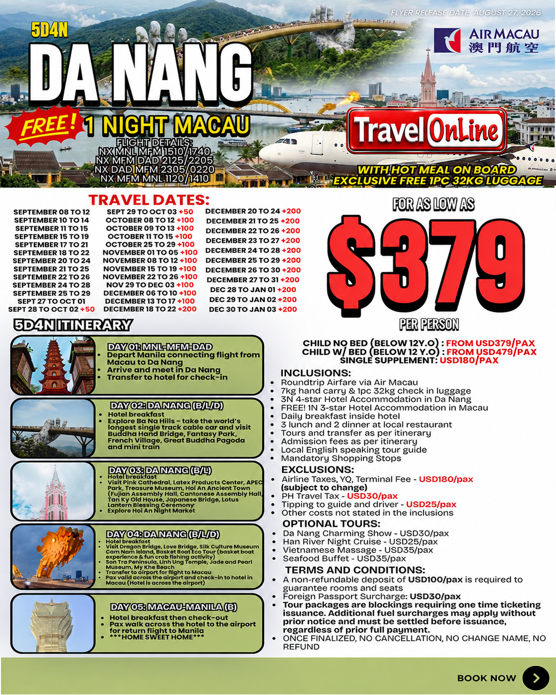 DA NANG VIETNAM WITH FREE MACAU 5 DAYS 4 NIGHTS ALL IN JOINER GROUP TOUR PACKAGE FROM MANILA PHILIPPINES - AS LOW AS: $379/PAX - TRAVELONLINE promo image