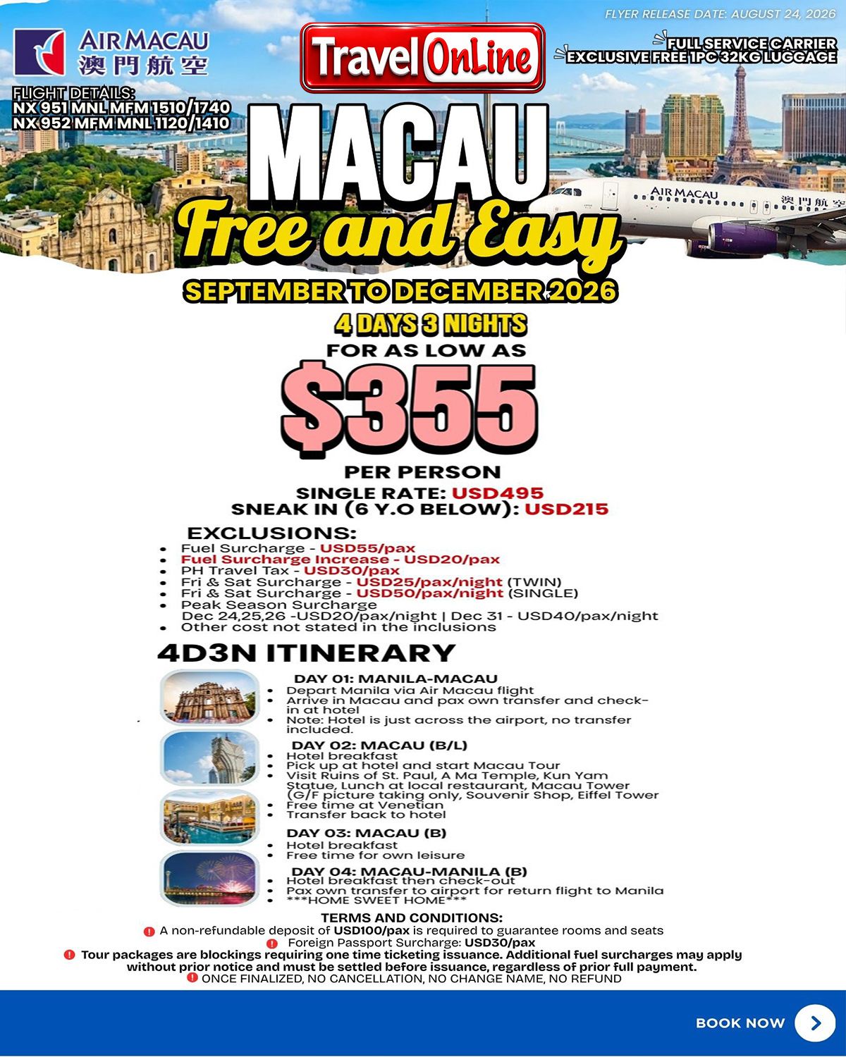 MACAU CHINA 4 DAYS 3 NIGHTS JOINER GROUP TOUR PACKAGE FROM MANILA PHILIPPINES: AS LOW AS $355/PAX promo image