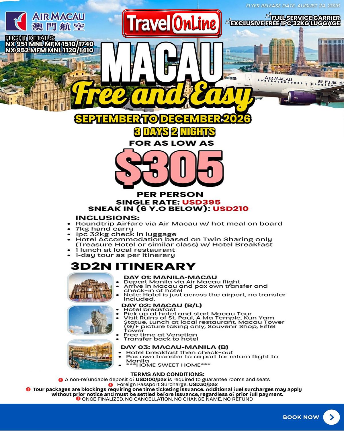 MACAU 3 DAYS 2 NIGHTS FREE AND EASY JOINER GROUP TOUR PACKAGE FROM MANILA PHILIPPINES: AS LOW AS $305/PAX promo image