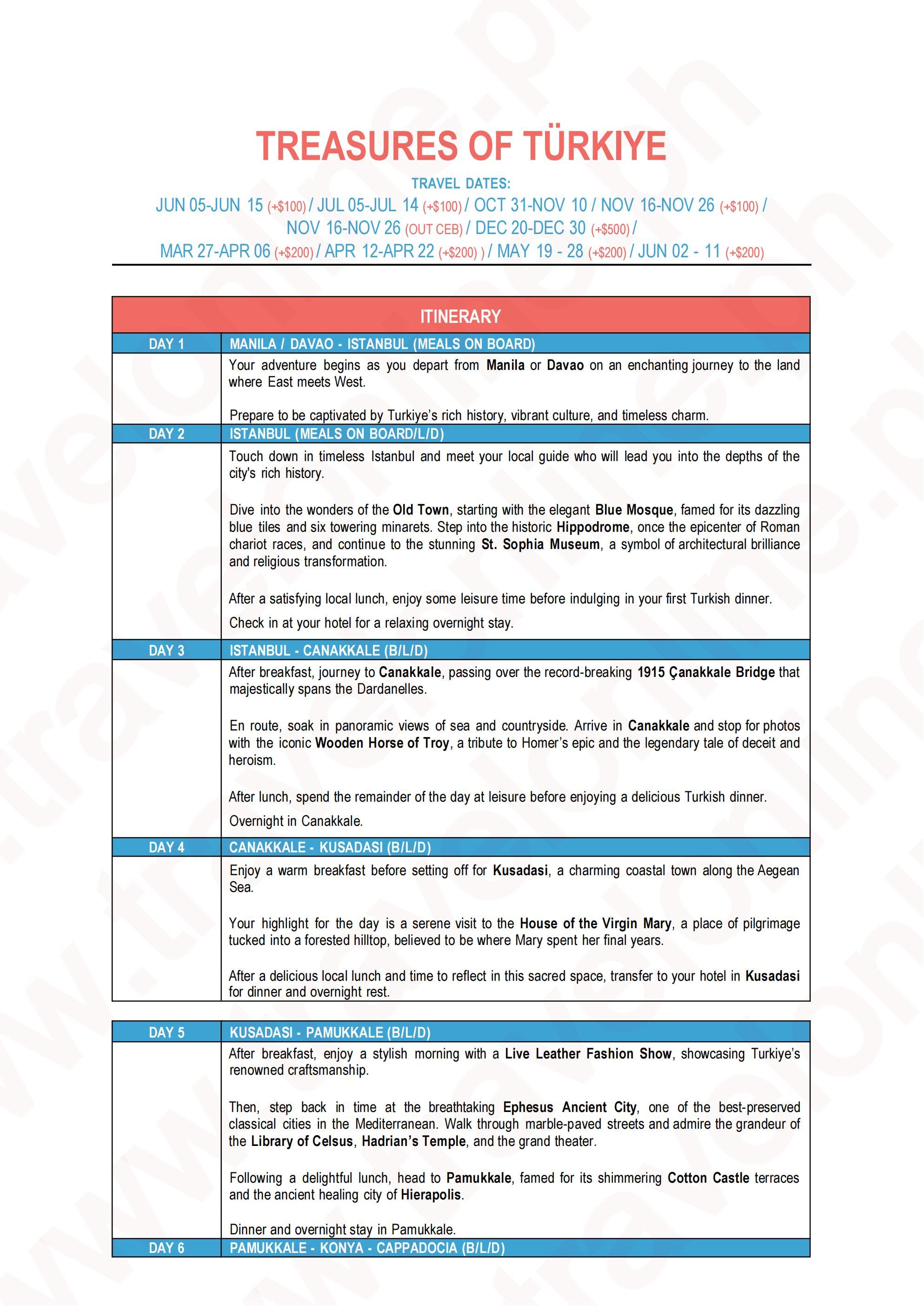 TREASURES OF TURKIYE 11D8N JOINER GROUP TOUR FROM CEBU OR DAVAO PHILIPPINES AS LOW AS: $1888/PAX - TRAVELONLINE itinerary