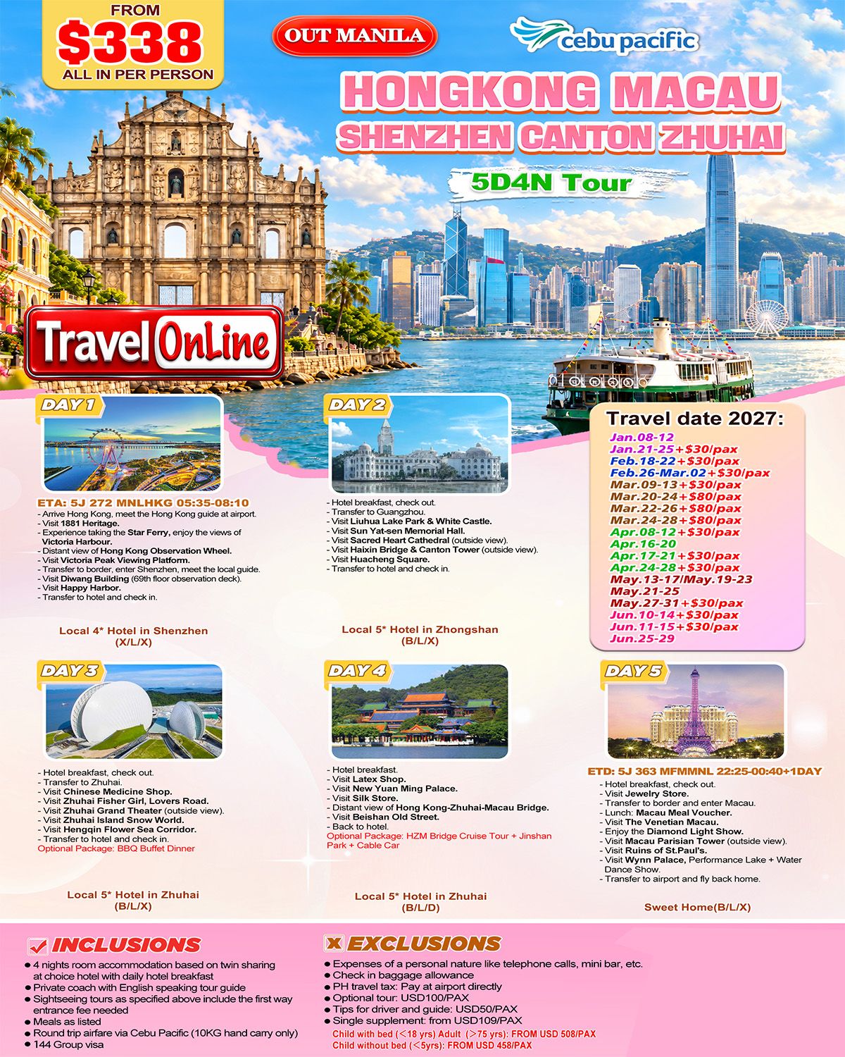 HONGKONG MACAU SHENZHEN CANTON ZHUHAI 5D4N JOINER GROUP TOUR FROM MANILA PHILIPPINES AS LOW AS: $338/PAX - TRAVELONLINE promo image