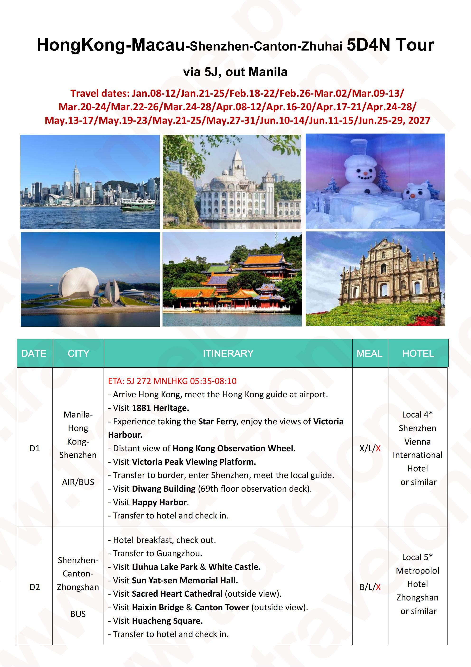HONGKONG MACAU SHENZHEN CANTON ZHUHAI 5D4N JOINER GROUP TOUR FROM MANILA PHILIPPINES AS LOW AS: $338/PAX - TRAVELONLINE itinerary