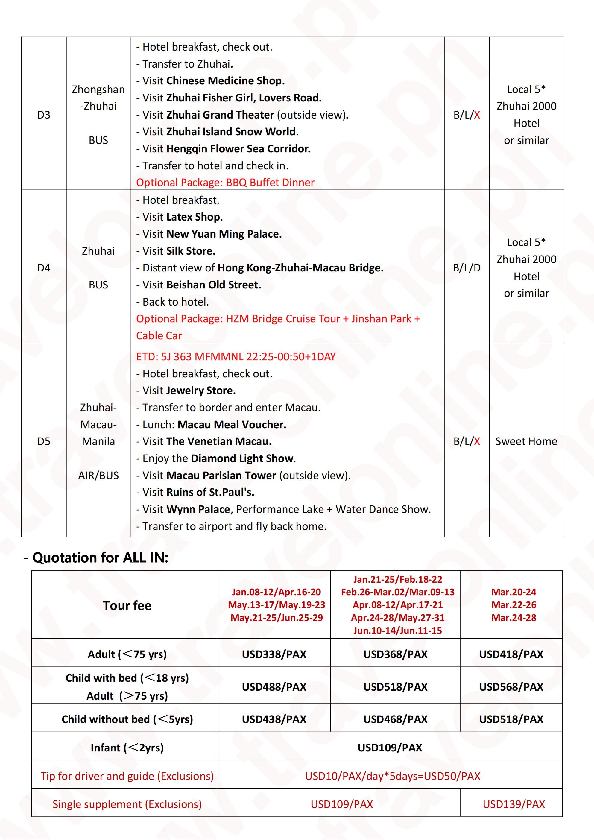 HONGKONG MACAU SHENZHEN CANTON ZHUHAI 5D4N JOINER GROUP TOUR FROM MANILA PHILIPPINES AS LOW AS: $338/PAX - TRAVELONLINE itinerary