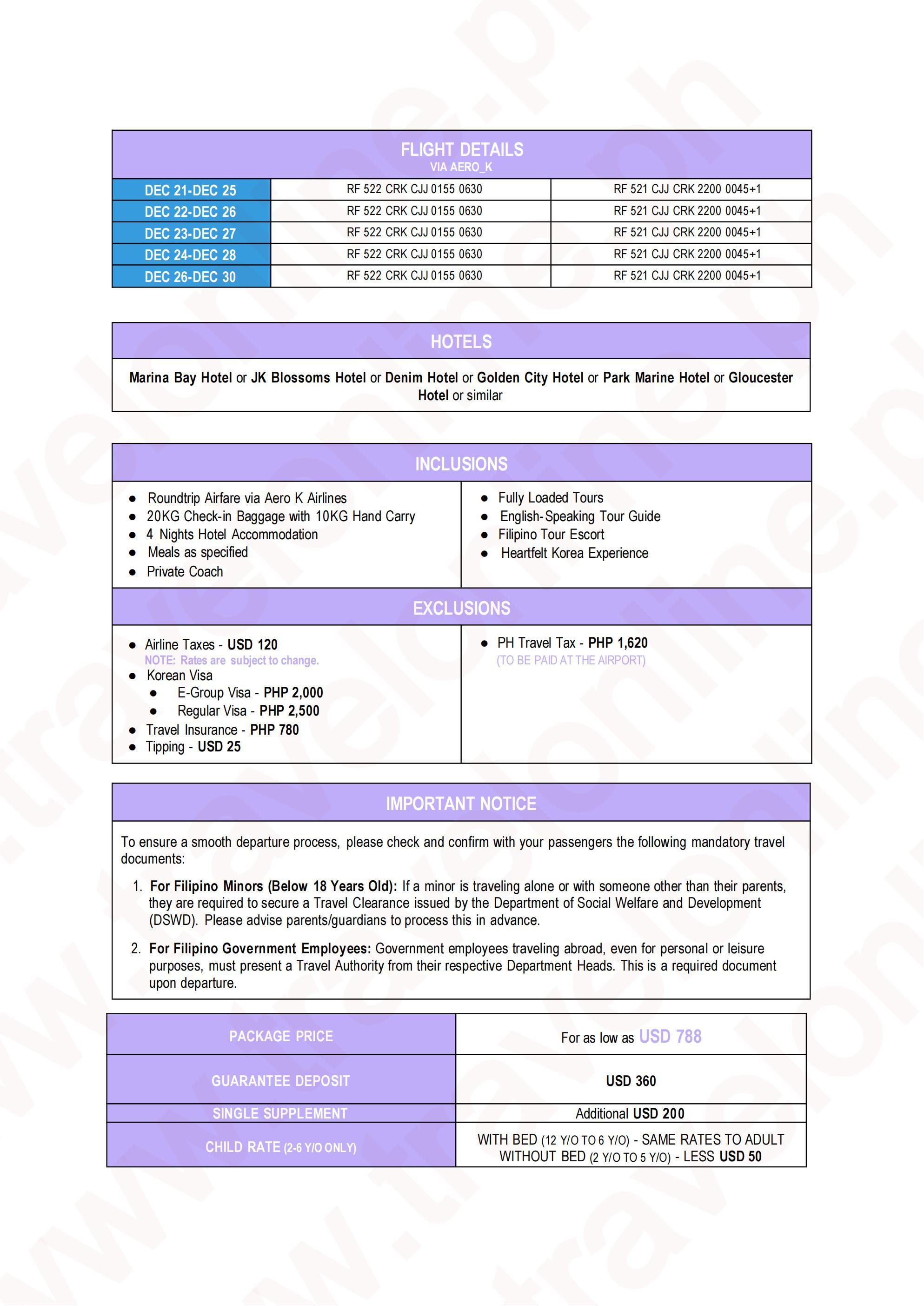 SOUTH KOREA HEARTFELT KOREA WINTER 6 DAYS 4 NIGHTS ALL IN JOINER GROUP TOUR PACKAGE FROM CLARK PHILIPPINES - AS LOW AS: $788/PAX - TRAVELONLINE itinerary