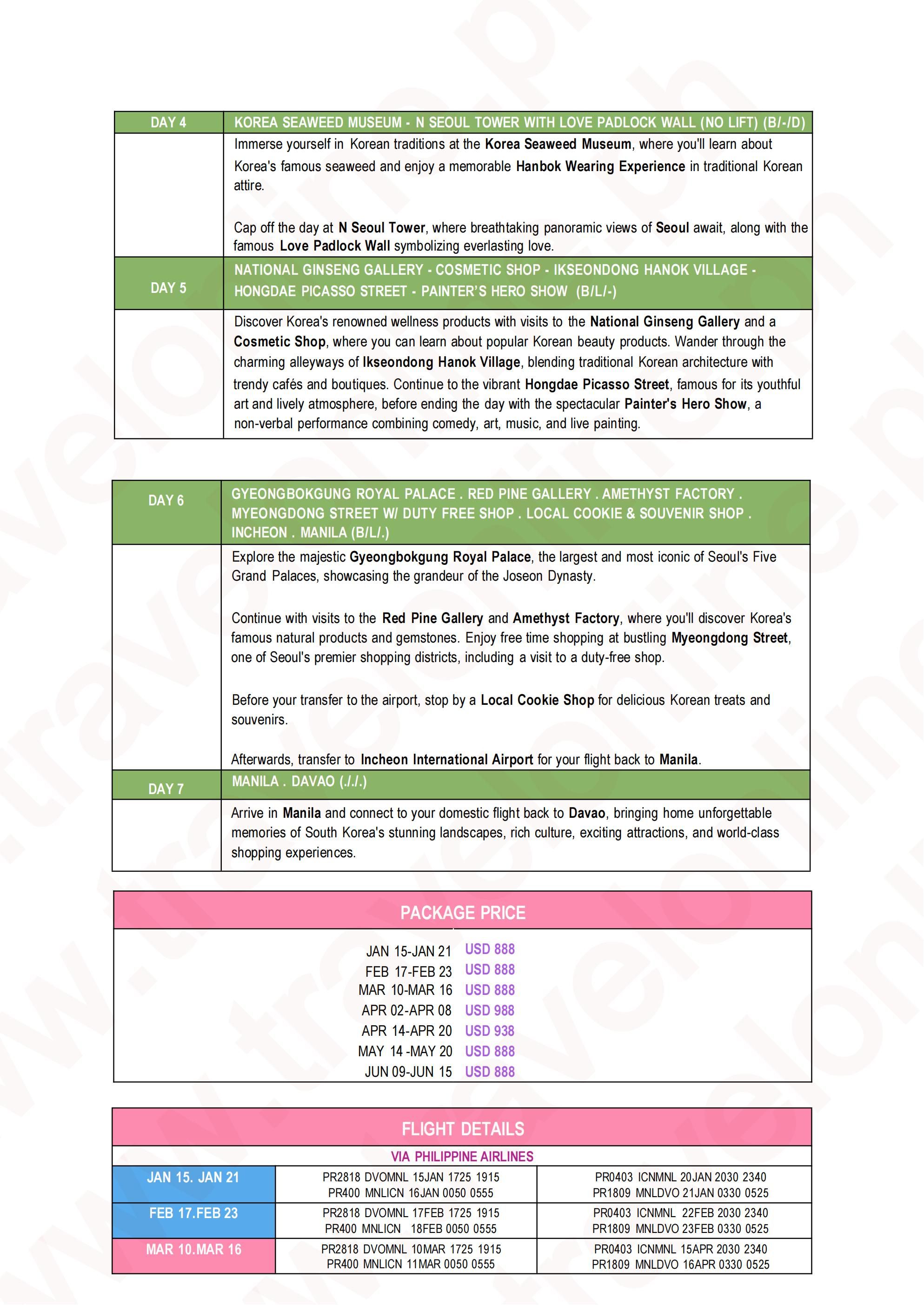 SOUTH KOREA 7 DAYS 4 NIGHTS ALL IN JOINER GROUP TOUR PACKAGE FROM DAVAO PHILIPPINES - AS LOW AS: $888/PAX - TRAVELONLINE itinerary