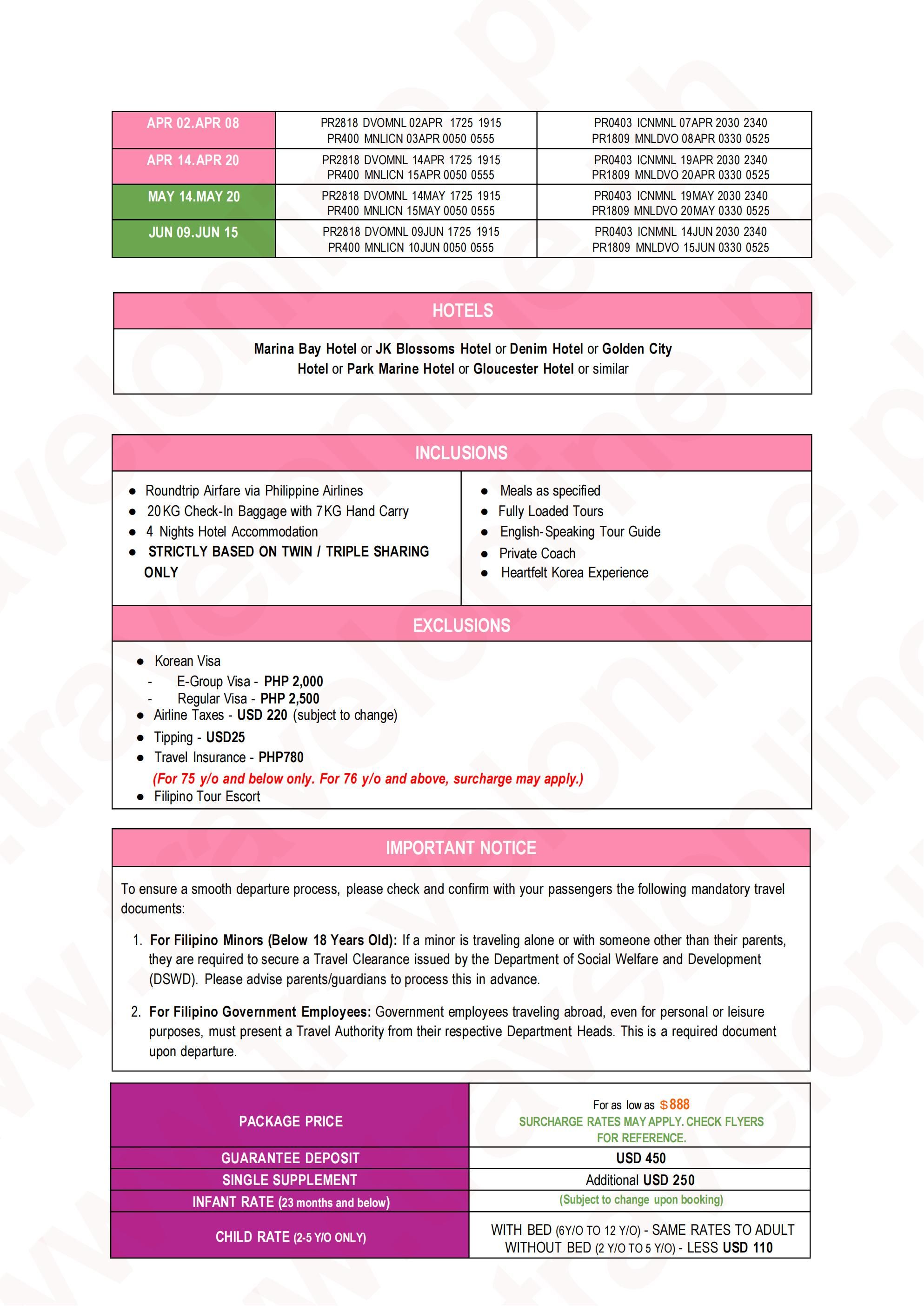 SOUTH KOREA 7 DAYS 4 NIGHTS ALL IN JOINER GROUP TOUR PACKAGE FROM DAVAO PHILIPPINES - AS LOW AS: $888/PAX - TRAVELONLINE itinerary