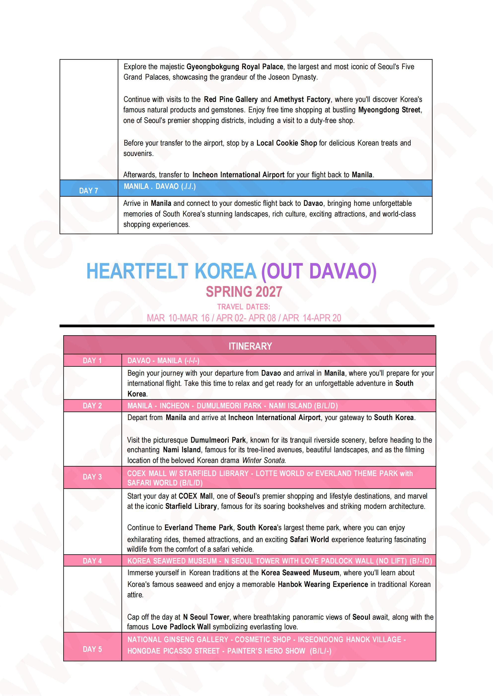 SOUTH KOREA 7 DAYS 4 NIGHTS ALL IN JOINER GROUP TOUR PACKAGE FROM DAVAO PHILIPPINES - AS LOW AS: $888/PAX - TRAVELONLINE itinerary