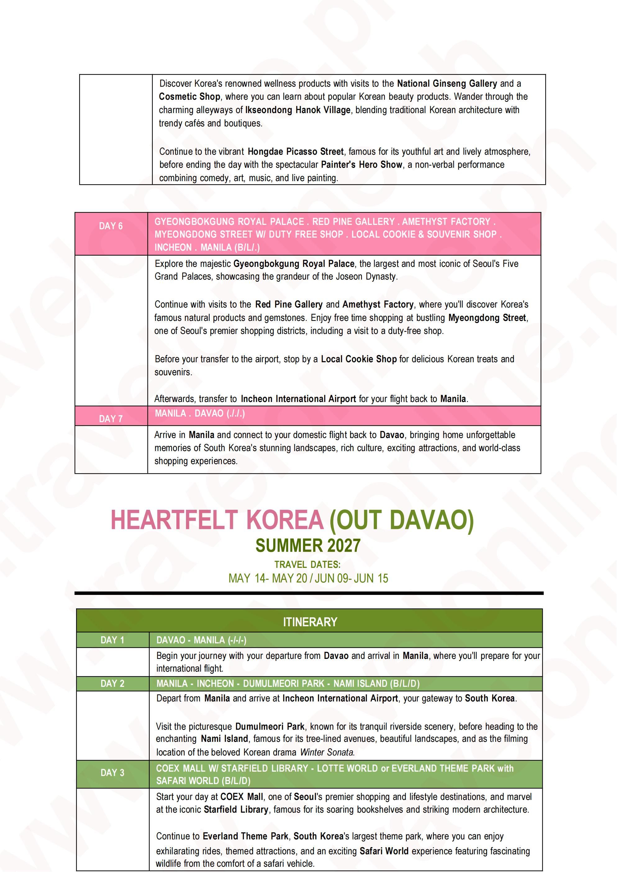 SOUTH KOREA 7 DAYS 4 NIGHTS ALL IN JOINER GROUP TOUR PACKAGE FROM DAVAO PHILIPPINES - AS LOW AS: $888/PAX - TRAVELONLINE itinerary