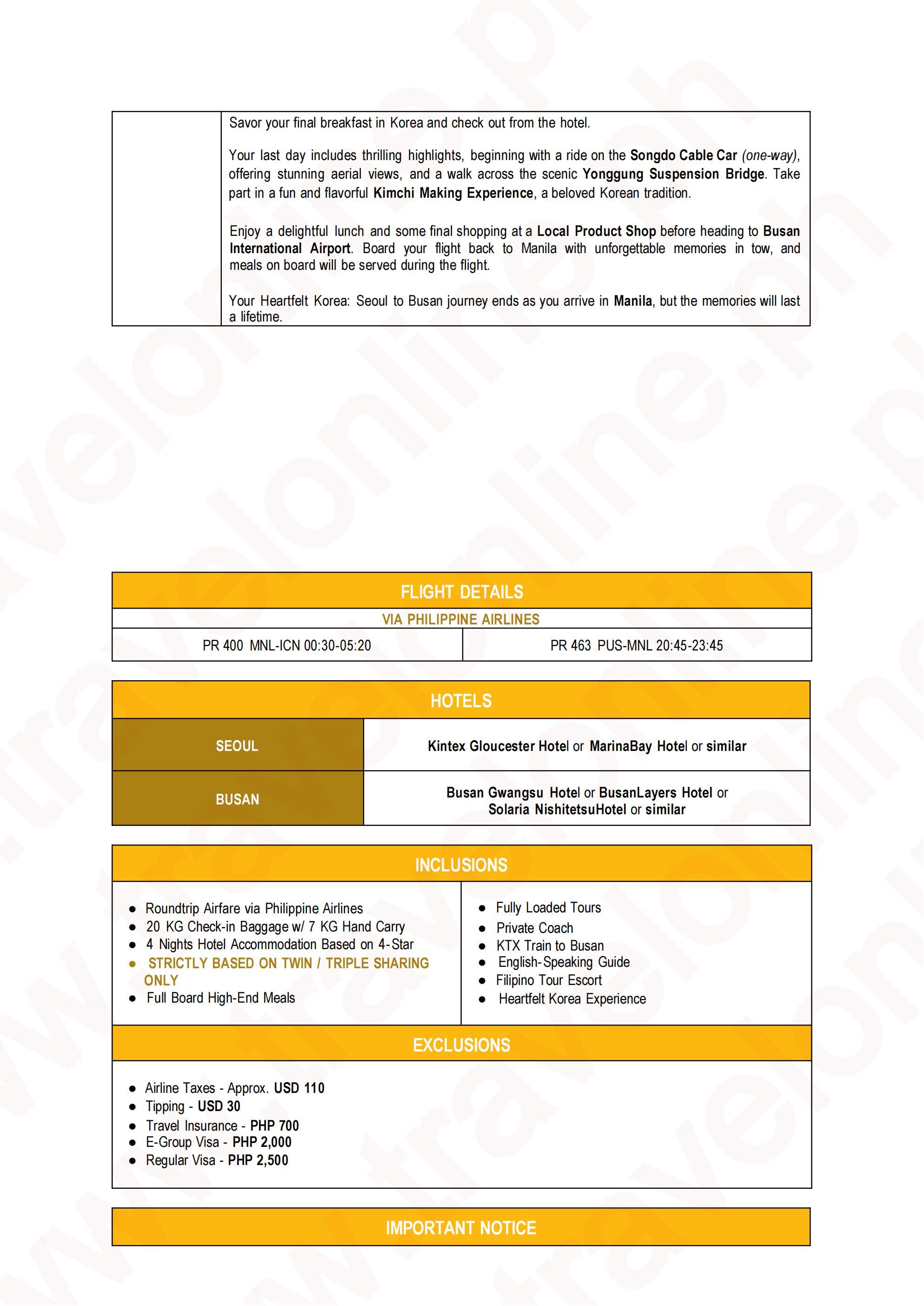 SOUTH KOREA SEOUL TO BUSAN 5 DAYS 4 NIGHTS ALL IN JOINER GROUP TOUR PACKAGE FROM MANILA PHILIPPINES - AS LOW AS: $1188/PAX - TRAVELONLINE itinerary