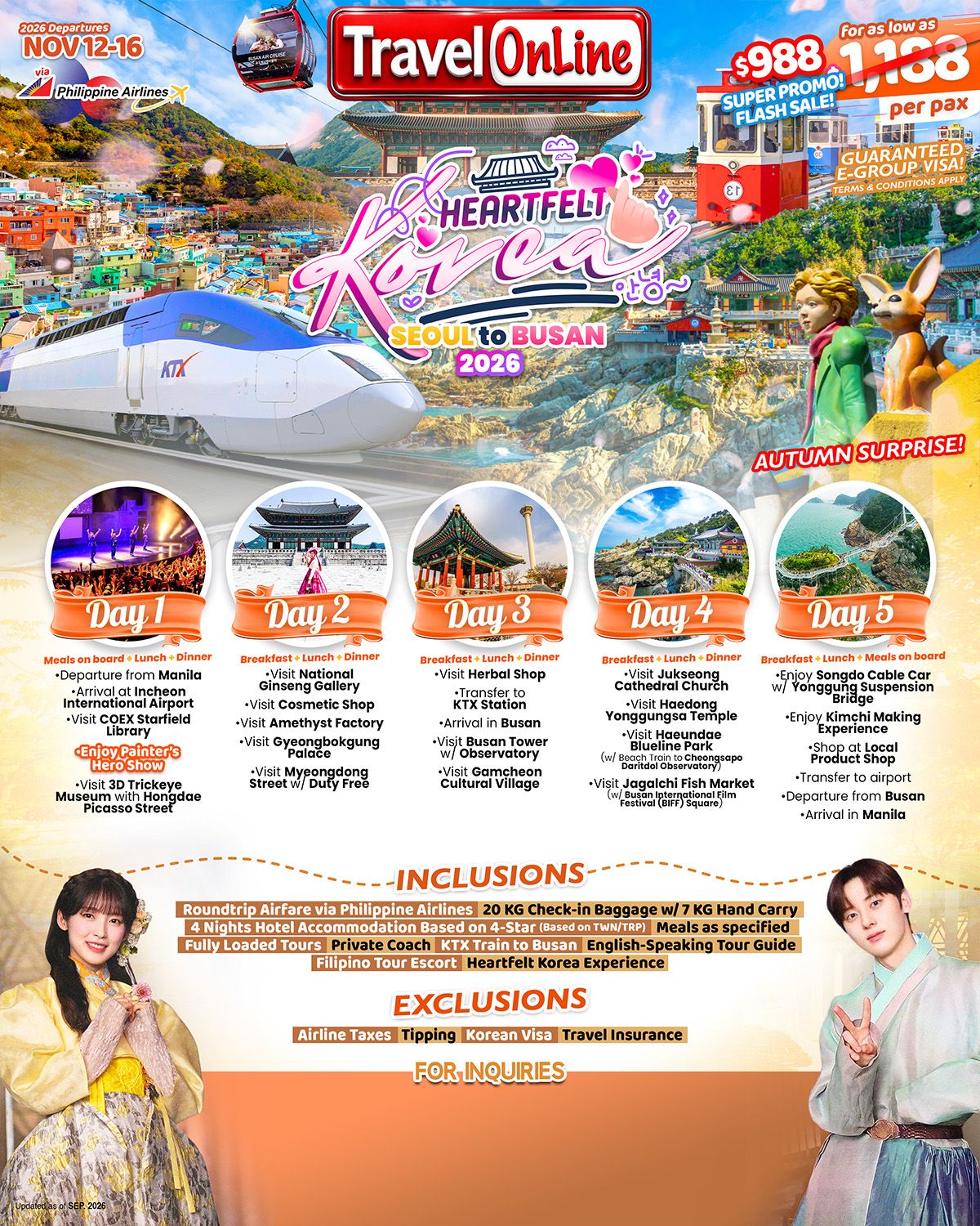 SOUTH KOREA SEOUL TO BUSAN 5 DAYS 4 NIGHTS ALL IN JOINER GROUP TOUR PACKAGE FROM MANILA PHILIPPINES - AS LOW AS: $1188/PAX - TRAVELONLINE promo image