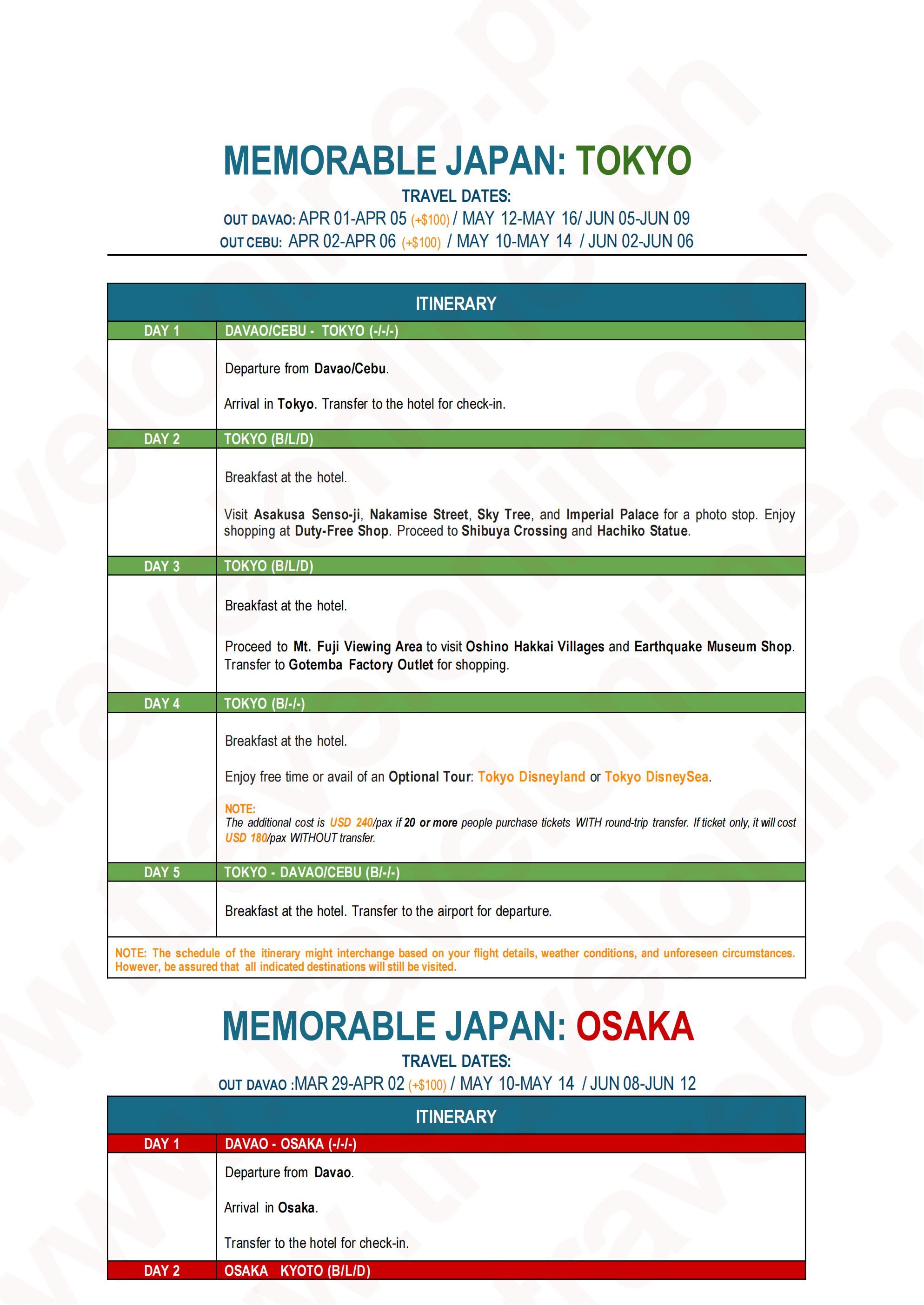 MEMORABLE JAPAN TOKYO OR OSAKA 5 DAYS 4 NIGHTS ALL IN JOINER GROUP TOUR PACKAGE FROM DAVAO CEBU PHILIPPINES - AS LOW AS: $1288/PAX - TRAVELONLINE itinerary