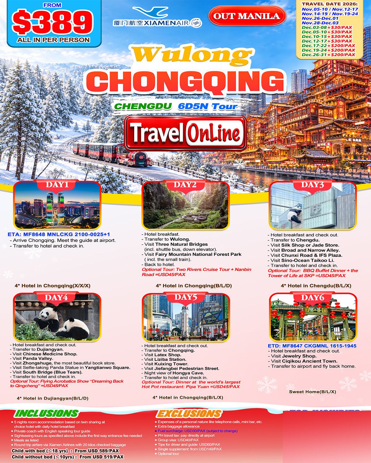 CHINA CHONGQING WULONG CHENGDU 6 DAYS 5 NIGHTS ALL IN JOINER GROUP TOUR PACKAGE FROM MANILA PHILIPPINES - AS LOW AS: $389/PAX - TRAVELONLINE promo image