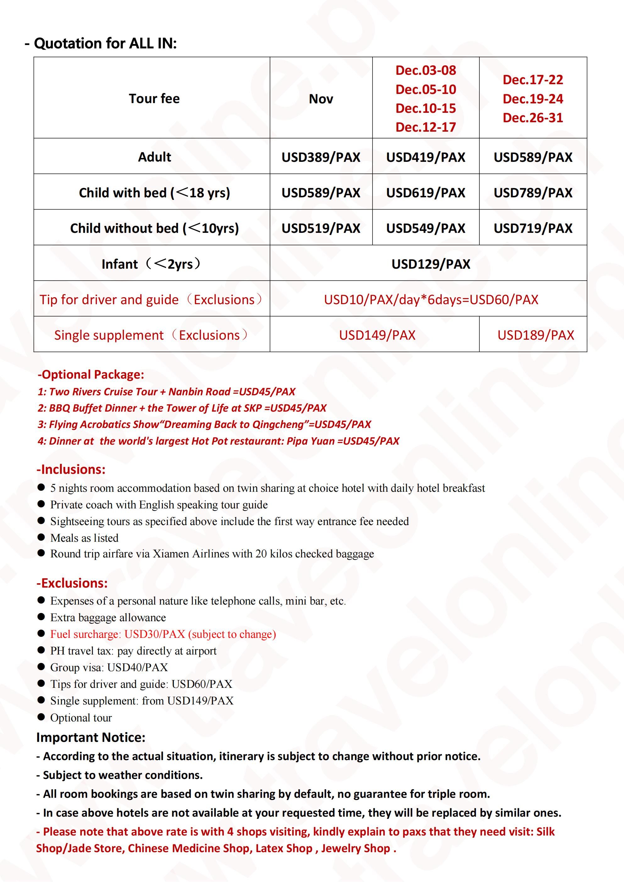CHINA CHONGQING WULONG CHENGDU 6 DAYS 5 NIGHTS ALL IN JOINER GROUP TOUR PACKAGE FROM MANILA PHILIPPINES - AS LOW AS: $389/PAX - TRAVELONLINE itinerary