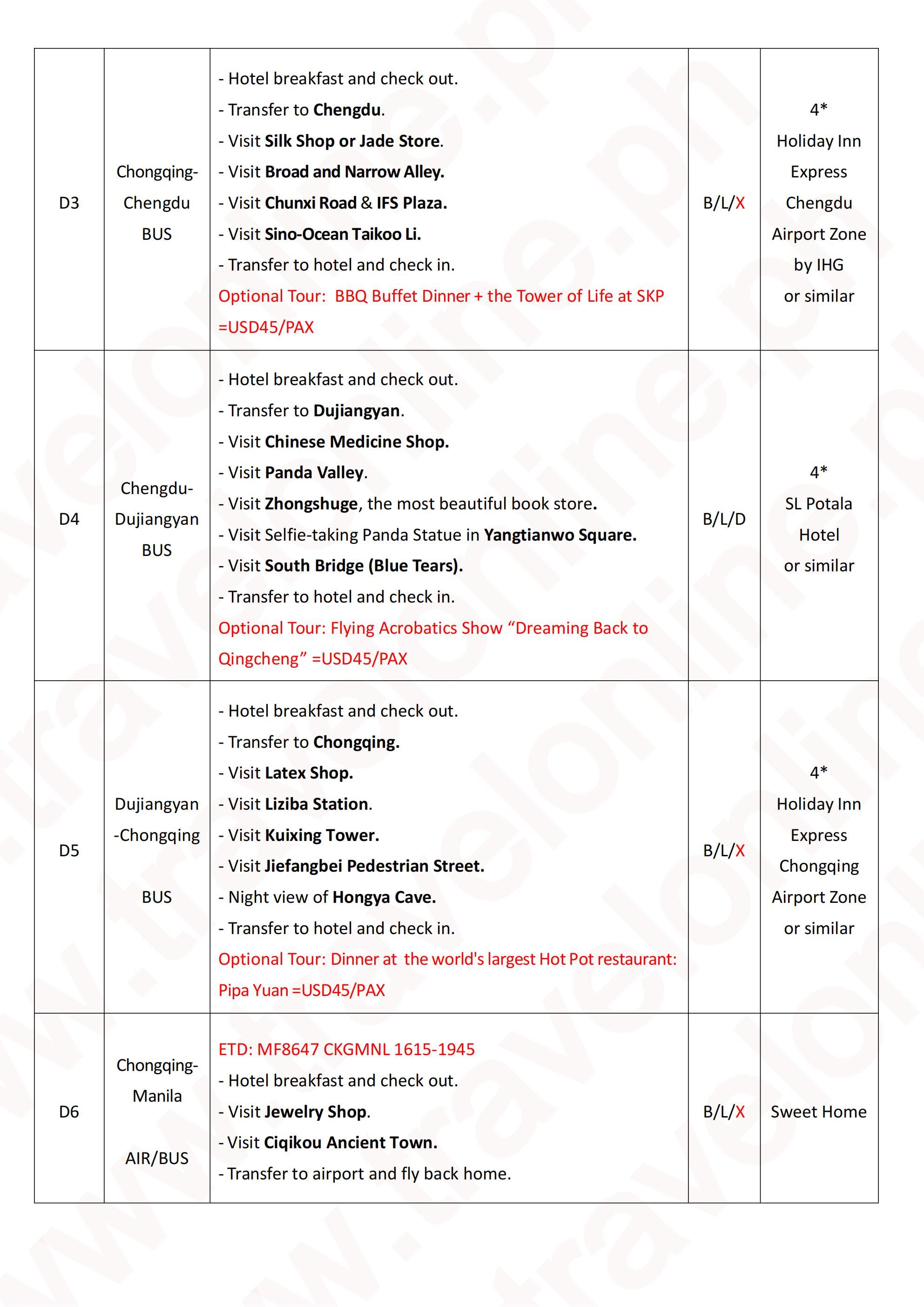 CHINA CHONGQING WULONG CHENGDU 6 DAYS 5 NIGHTS ALL IN JOINER GROUP TOUR PACKAGE FROM MANILA PHILIPPINES - AS LOW AS: $389/PAX - TRAVELONLINE itinerary