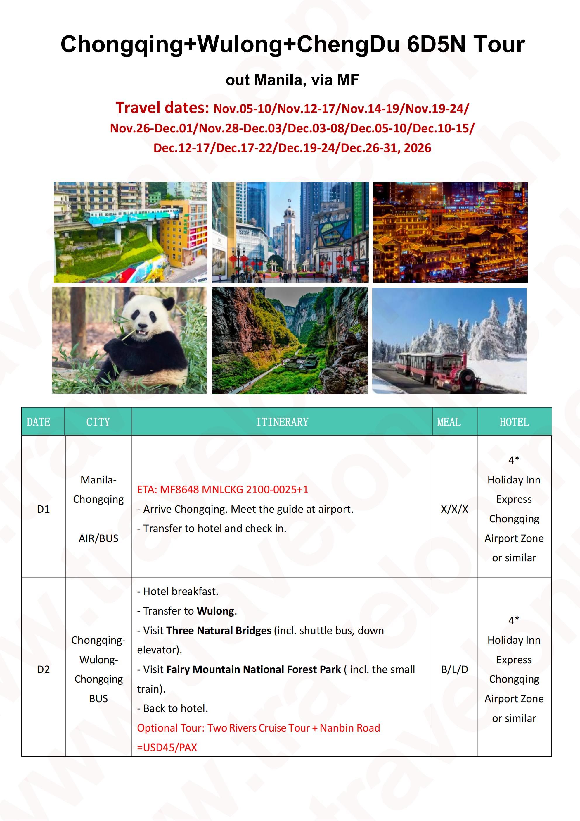 CHINA CHONGQING WULONG CHENGDU 6 DAYS 5 NIGHTS ALL IN JOINER GROUP TOUR PACKAGE FROM MANILA PHILIPPINES - AS LOW AS: $389/PAX - TRAVELONLINE itinerary