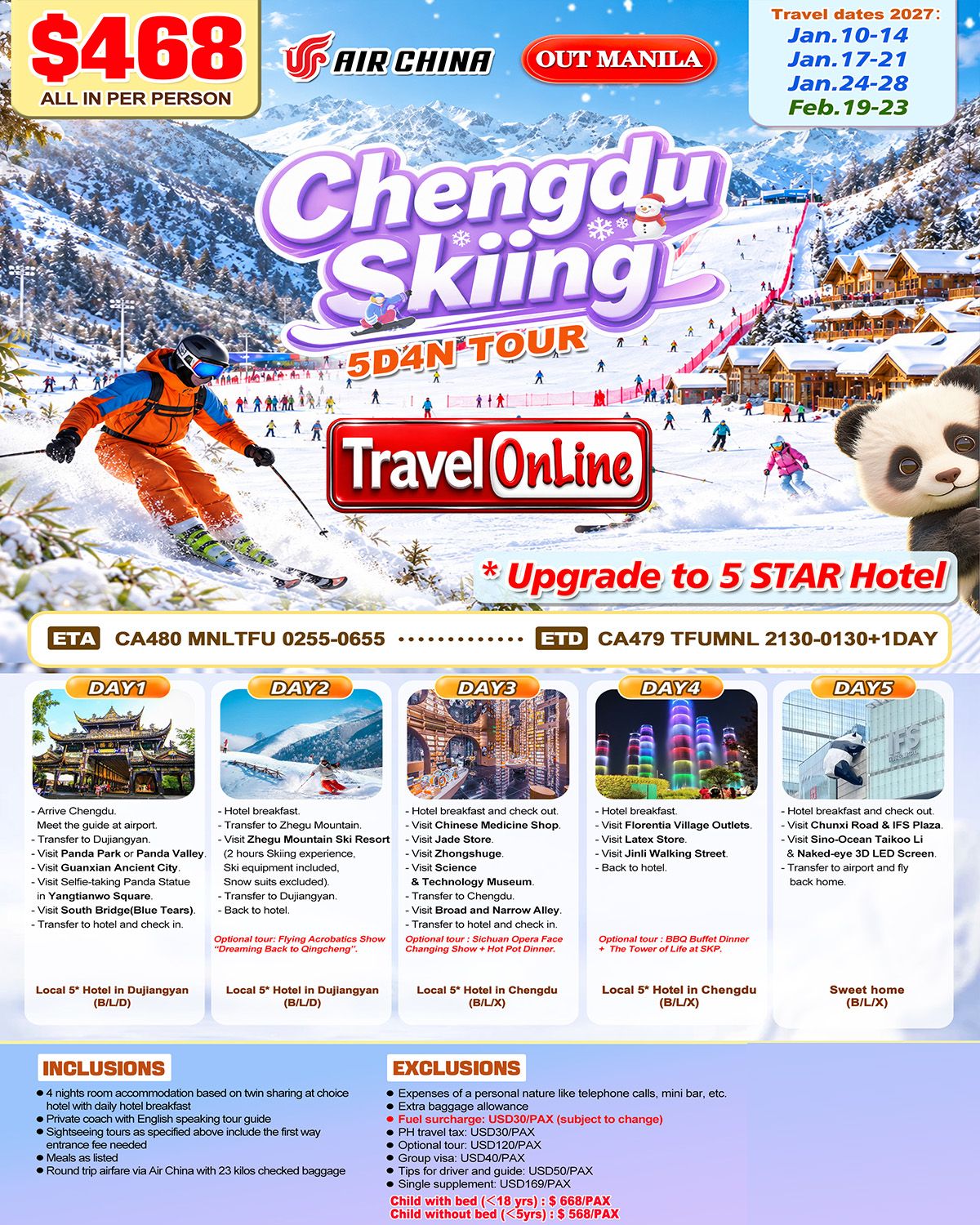 CHENGDU SKIING CHINA 5 DAYS 4 NIGHTS ALL IN JOINER GROUP TOUR PACKAGE FROM MANILA PHILIPPINES - AS LOW AS: $468/PAX - TRAVELONLINE promo image