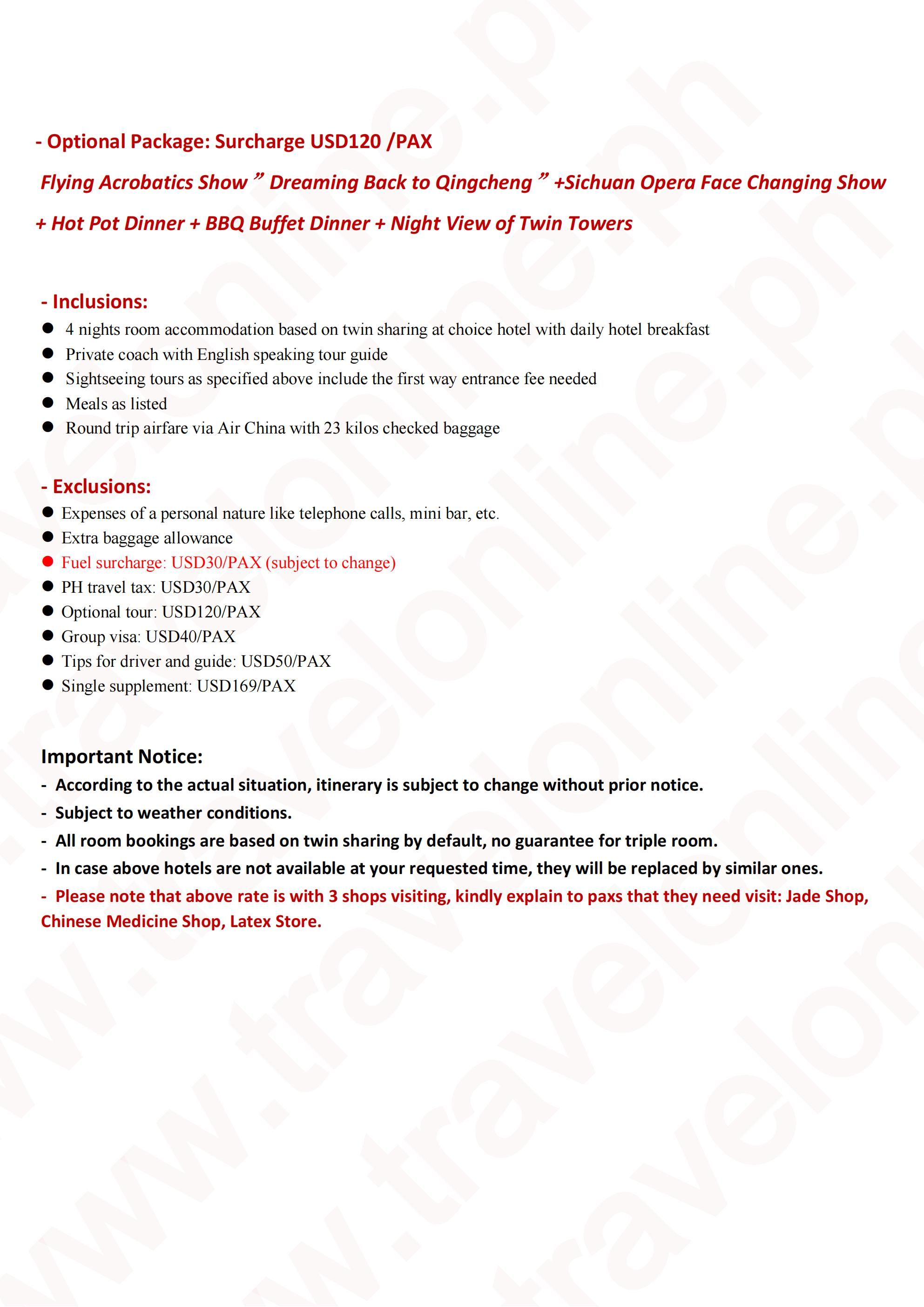 CHENGDU SKIING CHINA 5 DAYS 4 NIGHTS ALL IN JOINER GROUP TOUR PACKAGE FROM MANILA PHILIPPINES - AS LOW AS: $468/PAX - TRAVELONLINE itinerary