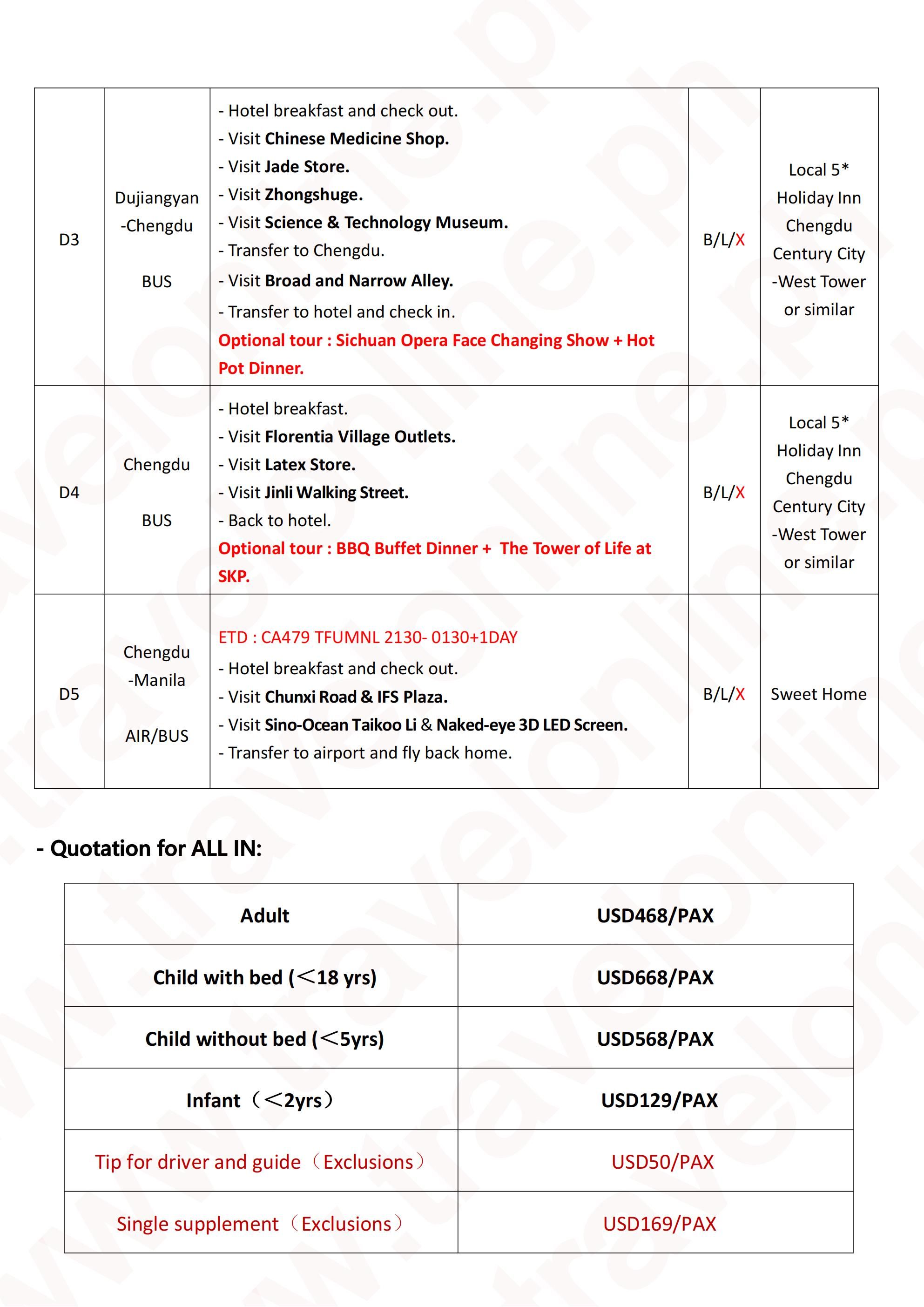 CHENGDU SKIING CHINA 5 DAYS 4 NIGHTS ALL IN JOINER GROUP TOUR PACKAGE FROM MANILA PHILIPPINES - AS LOW AS: $468/PAX - TRAVELONLINE itinerary