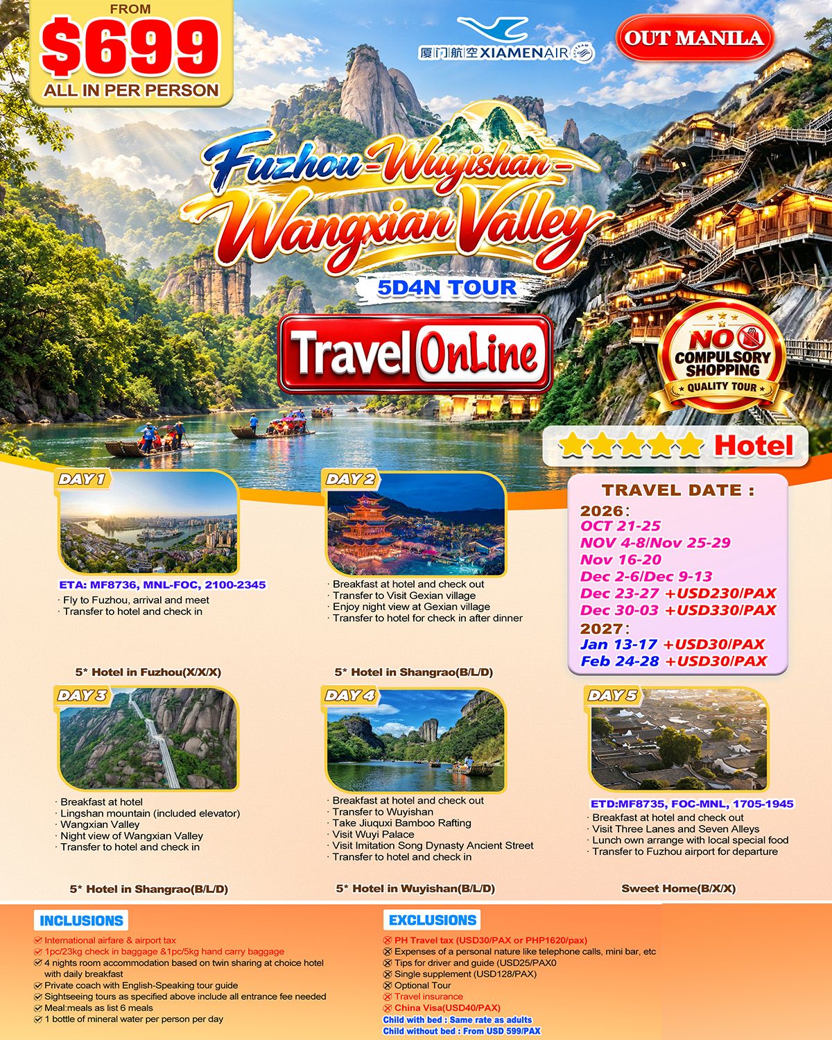 FUZHOU WUYISHAN WANGXIAN VALLEY CHINA 5 DAYS 4 NIGHTS ALL IN JOINER GROUP TOUR PACKAGE FROM MANILA PHILIPPINES - AS LOW AS: $699/PAX - TRAVELONLINE promo image