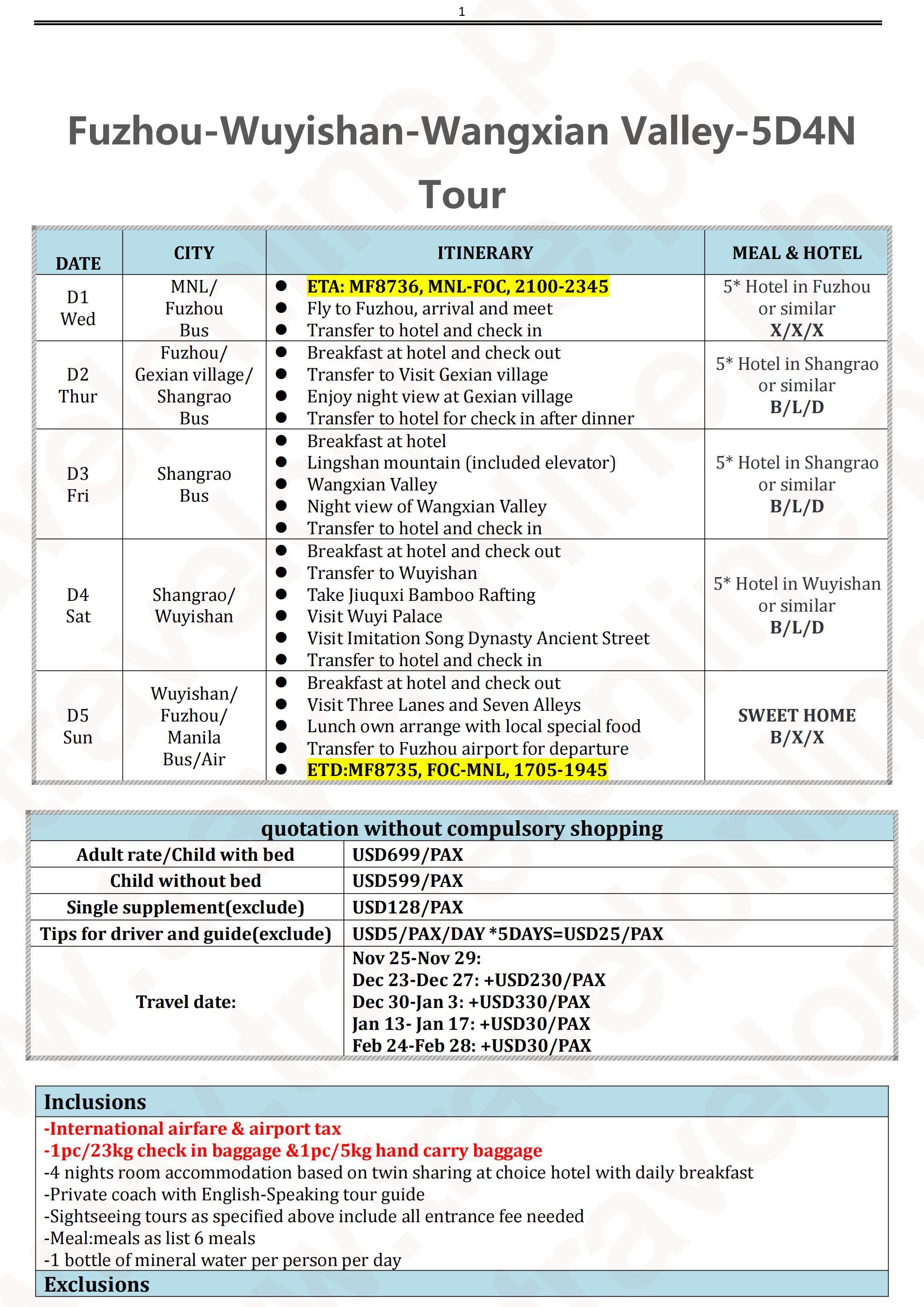 FUZHOU WUYISHAN WANGXIAN VALLEY CHINA 5 DAYS 4 NIGHTS ALL IN JOINER GROUP TOUR PACKAGE FROM MANILA PHILIPPINES - AS LOW AS: $699/PAX - TRAVELONLINE itinerary