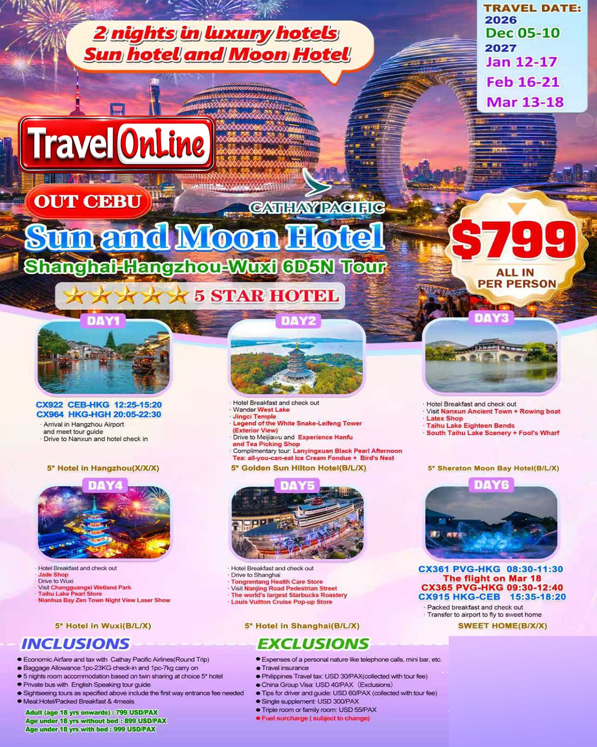 SHANGHAI HANGZHOU WUXI CHINA 6 DAYS 5 NIGHTS ALL IN JOINER GROUP TOUR PACKAGE FROM CEBU PHILIPPINES - AS LOW AS: $799/PAX - TRAVELONLINE promo image