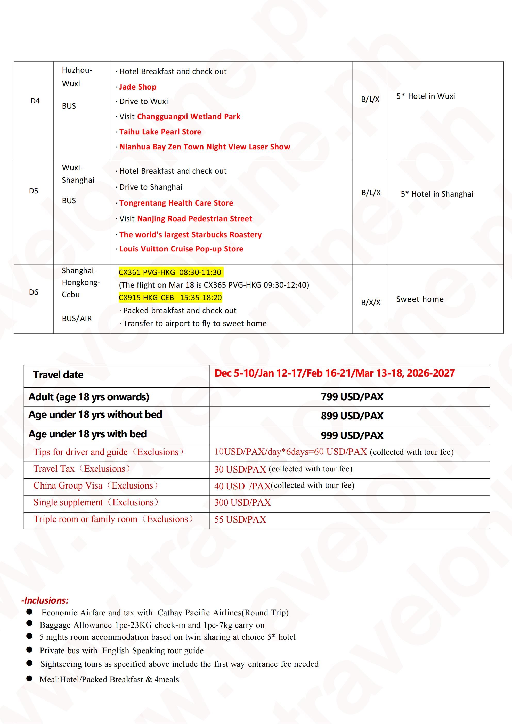 SHANGHAI HANGZHOU WUXI CHINA 6 DAYS 5 NIGHTS ALL IN JOINER GROUP TOUR PACKAGE FROM CEBU PHILIPPINES - AS LOW AS: $799/PAX - TRAVELONLINE itinerary