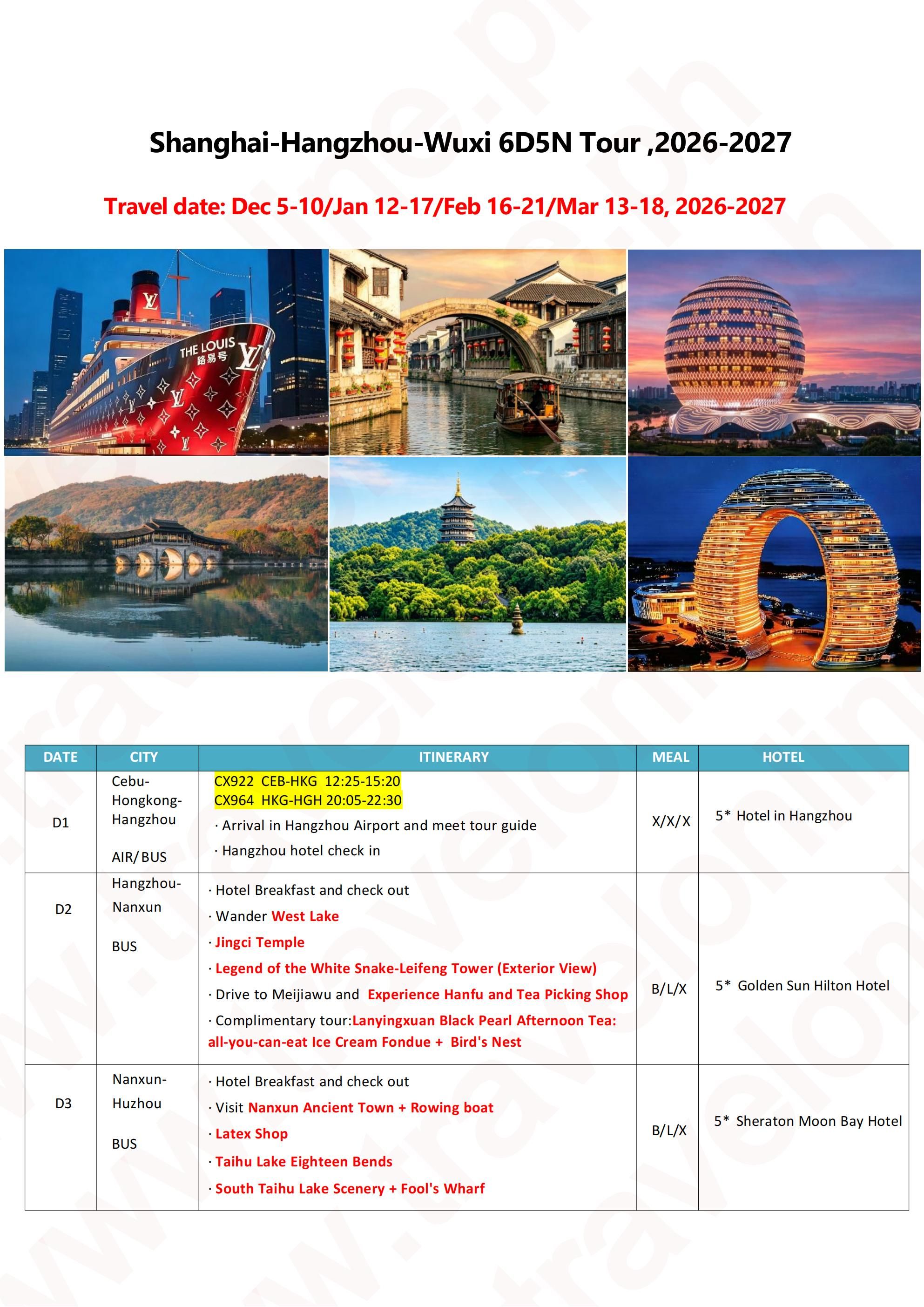 SHANGHAI HANGZHOU WUXI CHINA 6 DAYS 5 NIGHTS ALL IN JOINER GROUP TOUR PACKAGE FROM CEBU PHILIPPINES - AS LOW AS: $799/PAX - TRAVELONLINE itinerary