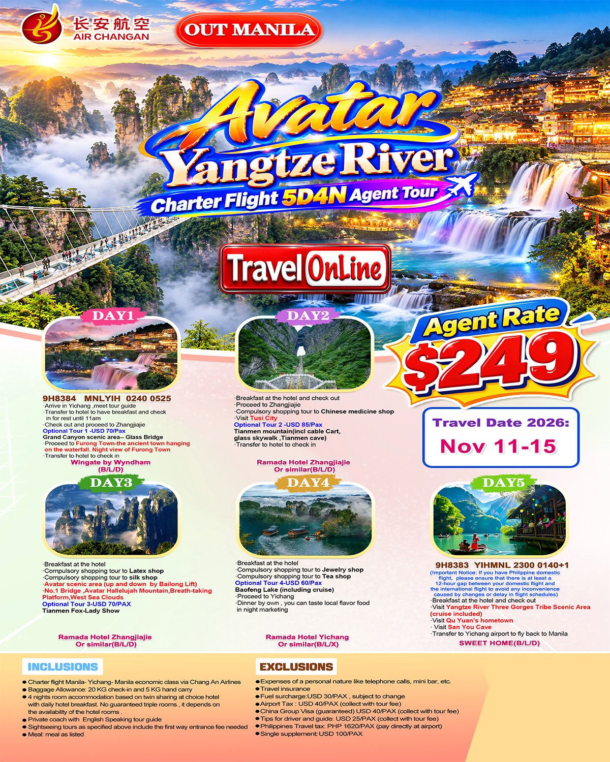 CHINA AVATAR YANGTZE RIVER 5 DAYS 4 NIGHTS ALL IN JOINER GROUP TOUR PACKAGE FROM MANILA PHILIPPINES - AS LOW AS: $249/PAX - TRAVELONLINE promo image