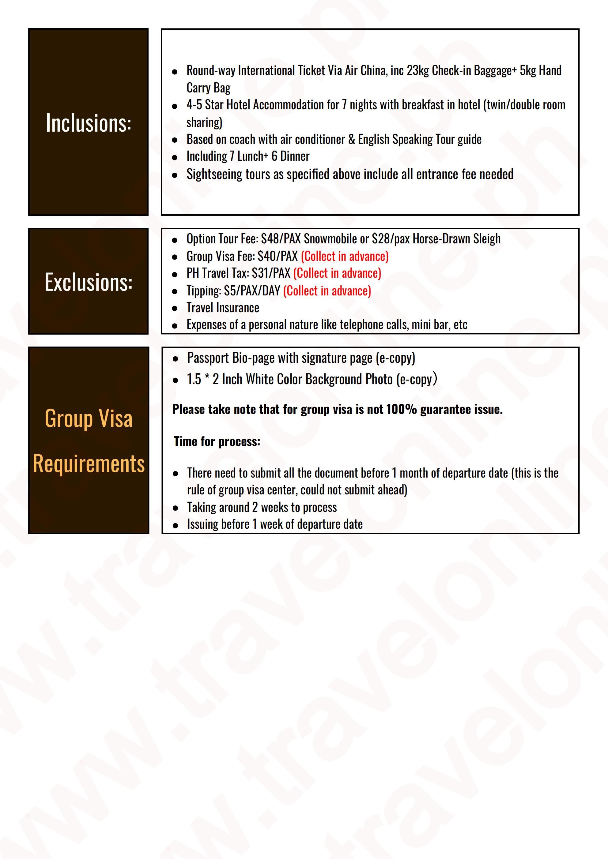 CHINA HARBIN CHANGBAI MOUNTAIN BEIJING 8 DAYS 7 NIGHTS ALL IN JOINER GROUP TOUR PACKAGE FROM MANILA PHILIPPINES - AS LOW AS: $1498/PAX - TRAVELONLINE itinerary
