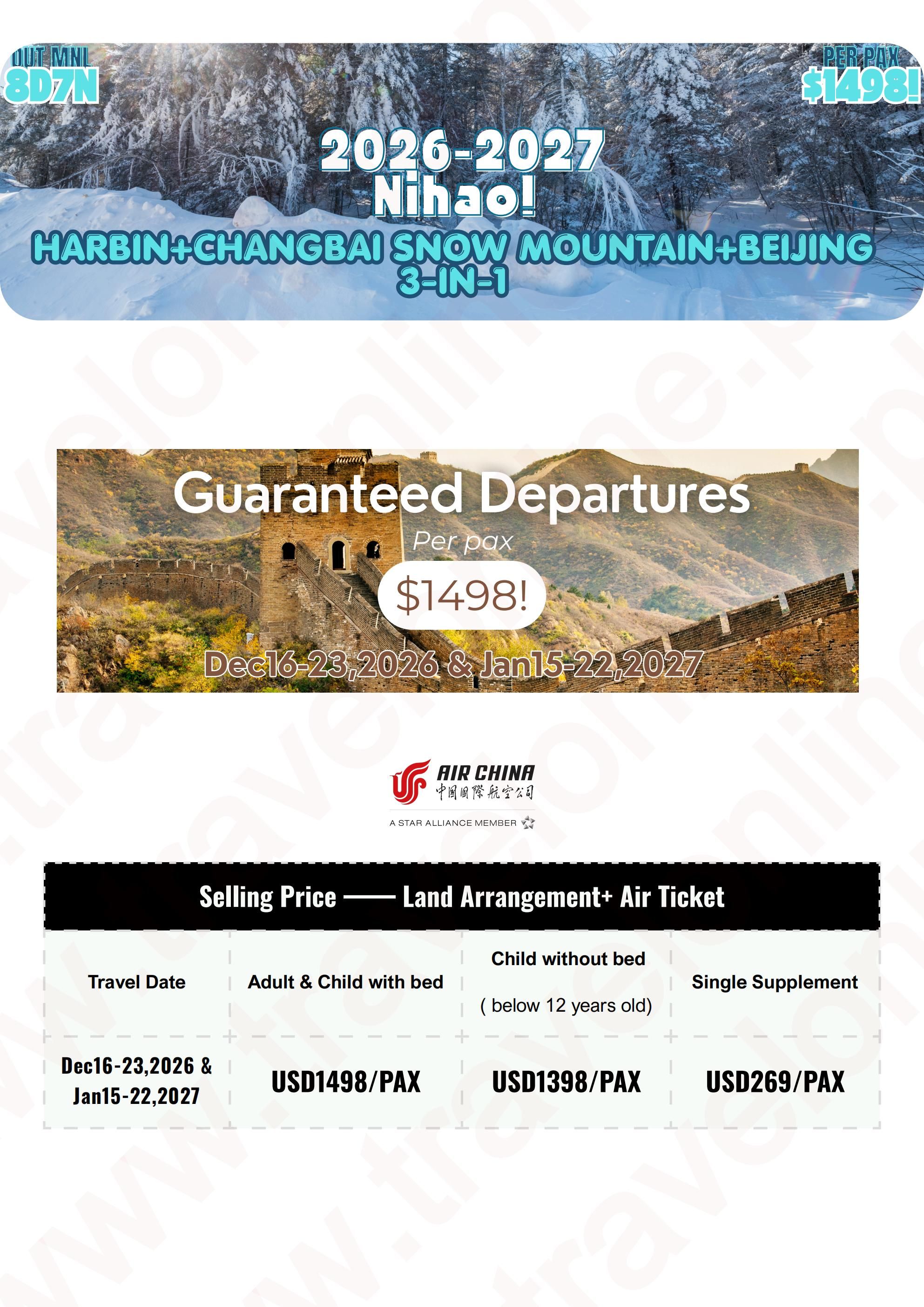 CHINA HARBIN CHANGBAI MOUNTAIN BEIJING 8 DAYS 7 NIGHTS ALL IN JOINER GROUP TOUR PACKAGE FROM MANILA PHILIPPINES - AS LOW AS: $1498/PAX - TRAVELONLINE itinerary