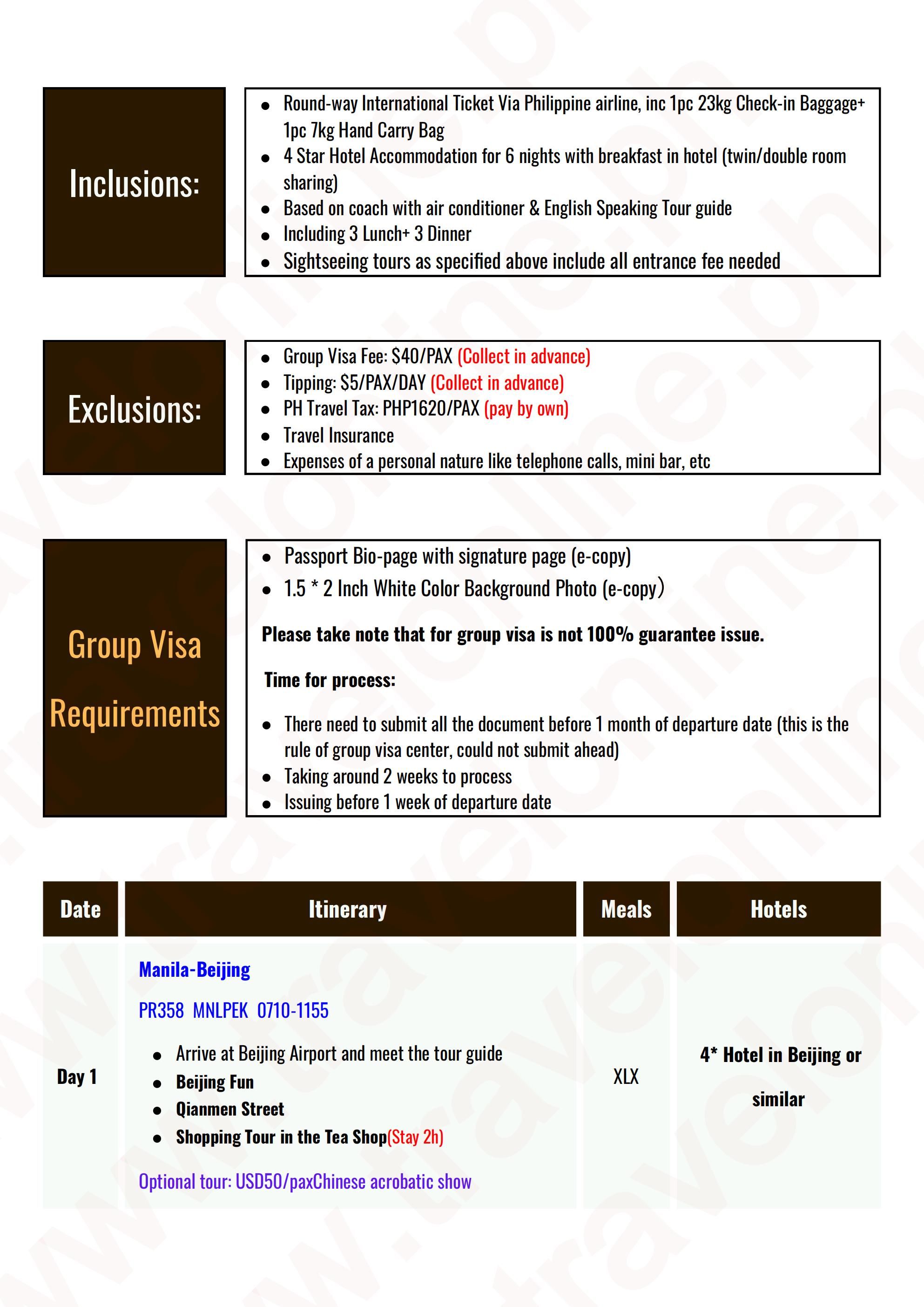 CHINA BEIJING SHANGHAI 7 DAYS 6 NIGHTS ALL IN JOINER GROUP TOUR PACKAGE FROM MANILA PHILIPPINES - AS LOW AS: $799/PAX - TRAVELONLINE itinerary