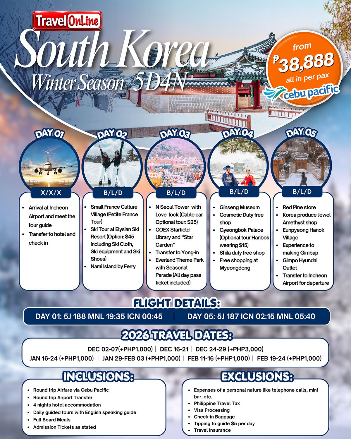 SOUTH KOREA WINTER SEASON 5 DAYS 4 NIGHTS ALL IN JOINER GROUP TOUR PACKAGE FROM MANILA PHILIPPINES - AS LOW AS: ₱38888/PAX - TRAVELONLINE promo image