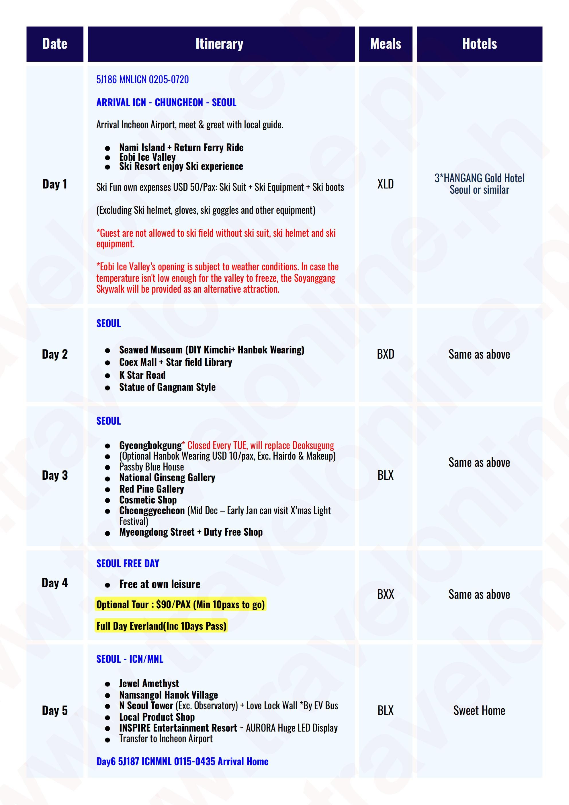 SOUTH KOREA 6 DAYS 4 NIGHTS ALL IN JOINER GROUP TOUR PACKAGE FROM MANILA PHILIPPINES - AS LOW AS: $549/PAX - TRAVELONLINE itinerary