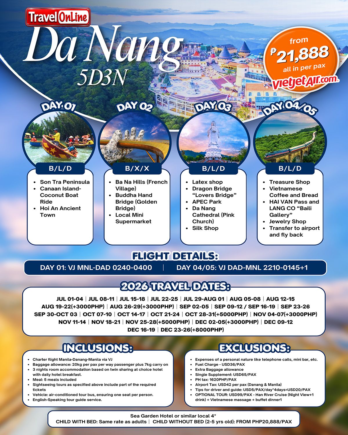 DA NANG VIETNAM 5 DAYS 3 NIGHTS ALL IN JOINER GROUP TOUR PACKAGE FROM MANILA PHILIPPINES - AS LOW AS: ₱21888/PAX - TRAVELONLINE promo image