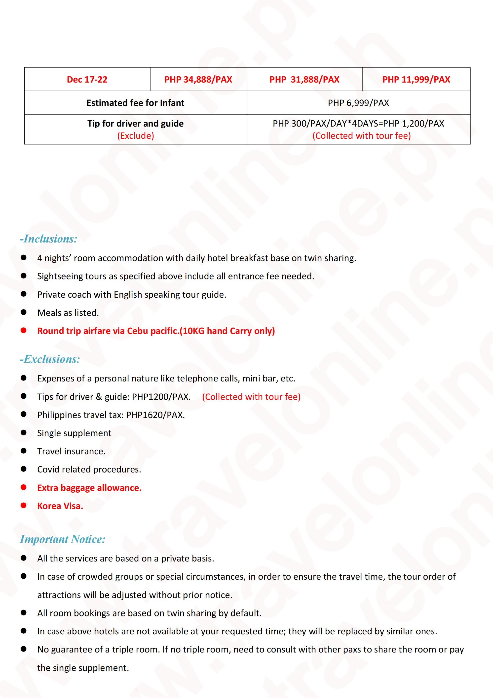 SOUTH KOREA MANILA SEOUL 6 DAYS 4 NIGHTS ALL IN JOINER GROUP TOUR PACKAGE FROM MANILA PHILIPPINES - AS LOW AS: ₱29888/PAX - TRAVELONLINE itinerary