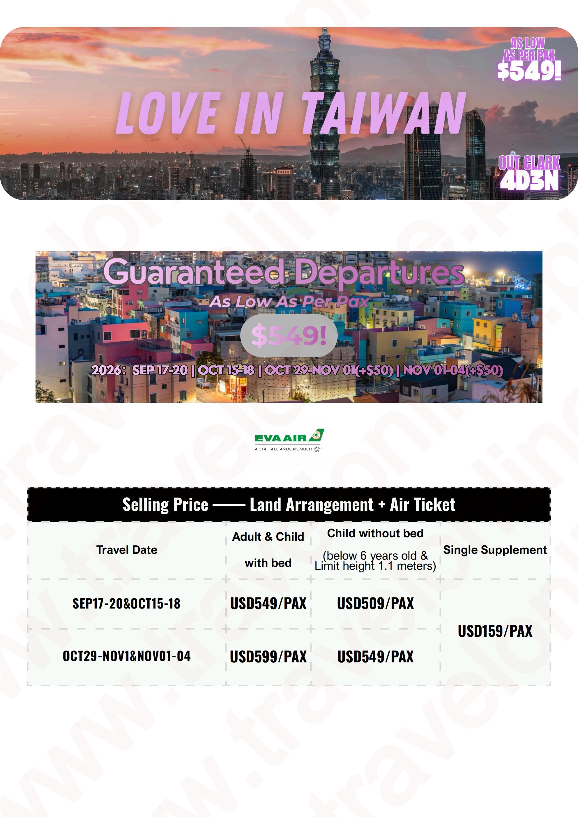 TAIWAN 4 DAYS 3 NIGHTS ALL IN JOINER GROUP TOUR PACKAGE FROM CLARK PHILIPPINES - AS LOW AS: $549/PAX - TRAVELONLINE itinerary