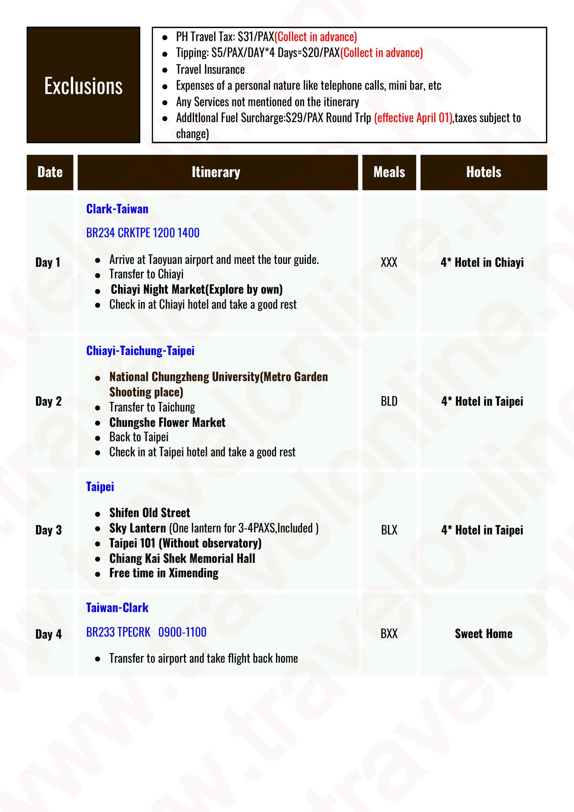 TAIWAN 4 DAYS 3 NIGHTS ALL IN JOINER GROUP TOUR PACKAGE FROM CLARK PHILIPPINES - AS LOW AS: $549/PAX - TRAVELONLINE itinerary