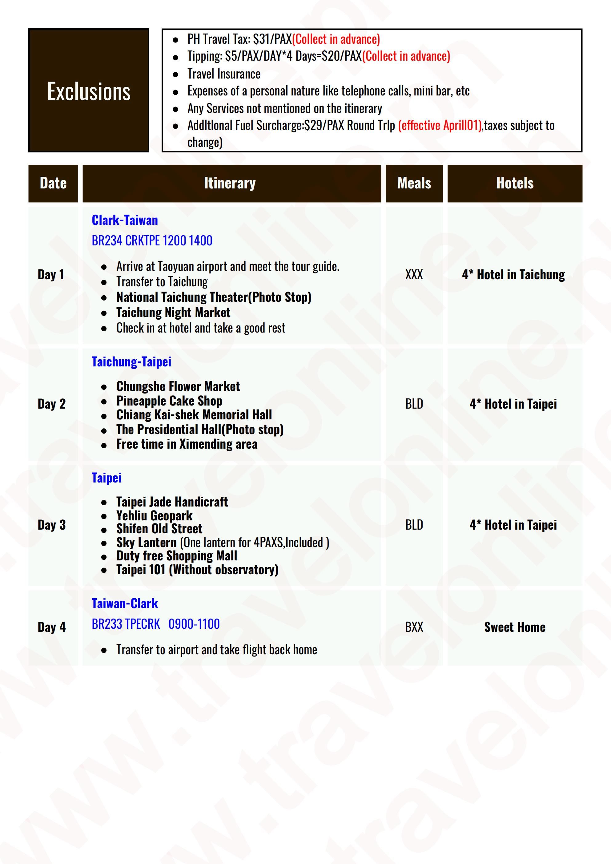 TAIWAN 4 DAYS 3 NIGHTS ALL IN JOINER GROUP TOUR PACKAGE FROM CLARK PHILIPPINES - AS LOW AS: $529/PAX - TRAVELONLINE itinerary