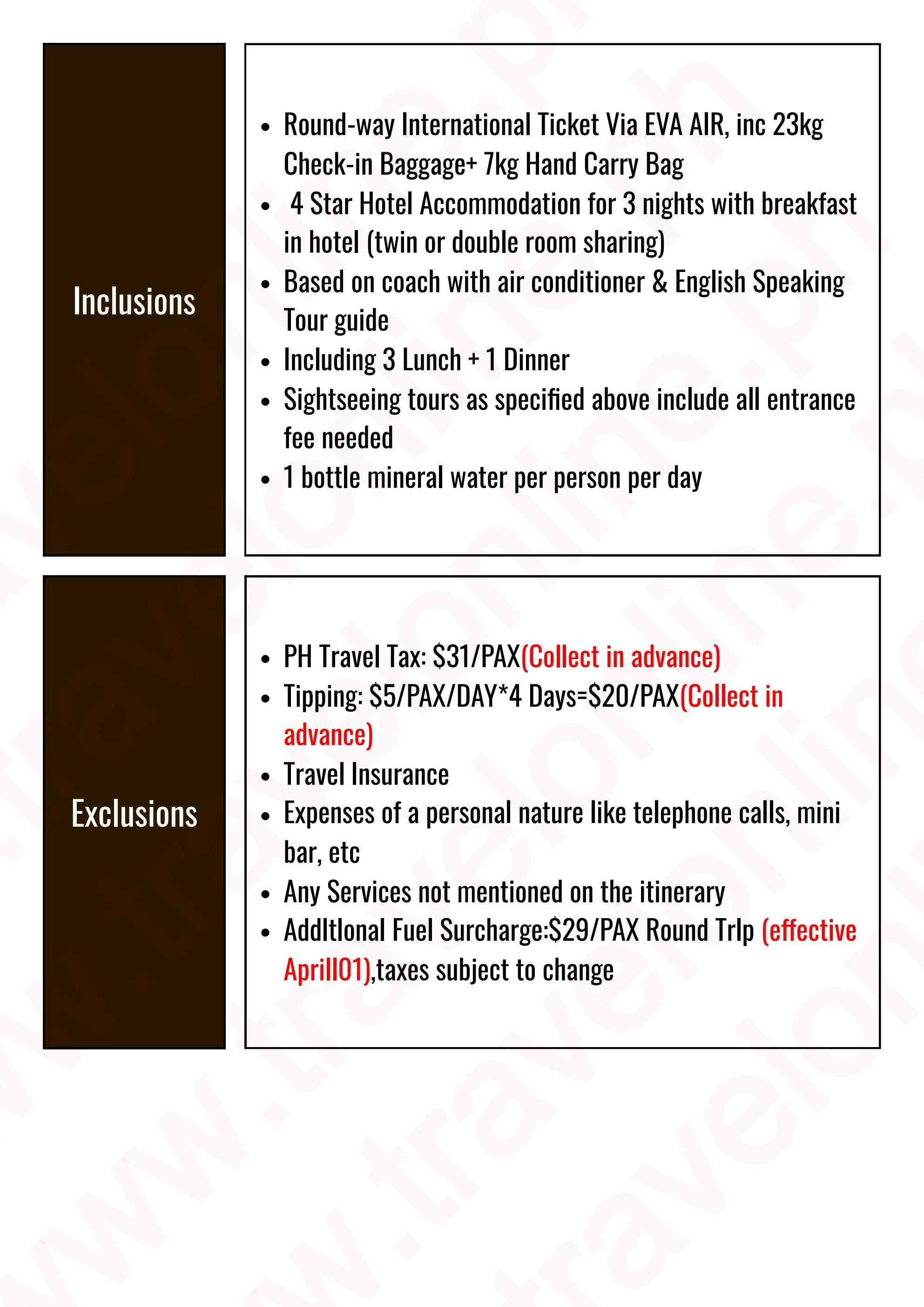 TAIWAN 4 DAYS 3 NIGHTS ALL IN JOINER GROUP TOUR PACKAGE FROM MANILA PHILIPPINES - AS LOW AS: $589/PAX - TRAVELONLINE itinerary